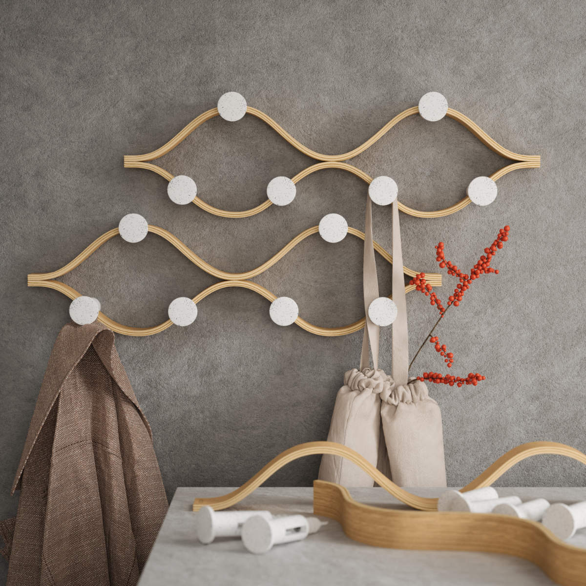 棚 壁 モンタージュ フック 6個付き 幅51×奥行6×高さ15cm ( Umbra アンブラ 壁掛け デザインフック 壁掛けフック ウォールフック 壁面収納 木製 おしゃれ コートハンガー 洋服掛け ハンガーフック 玄関 収納 カバン 帽子 ) 【ナチュラル】 ナチュラル