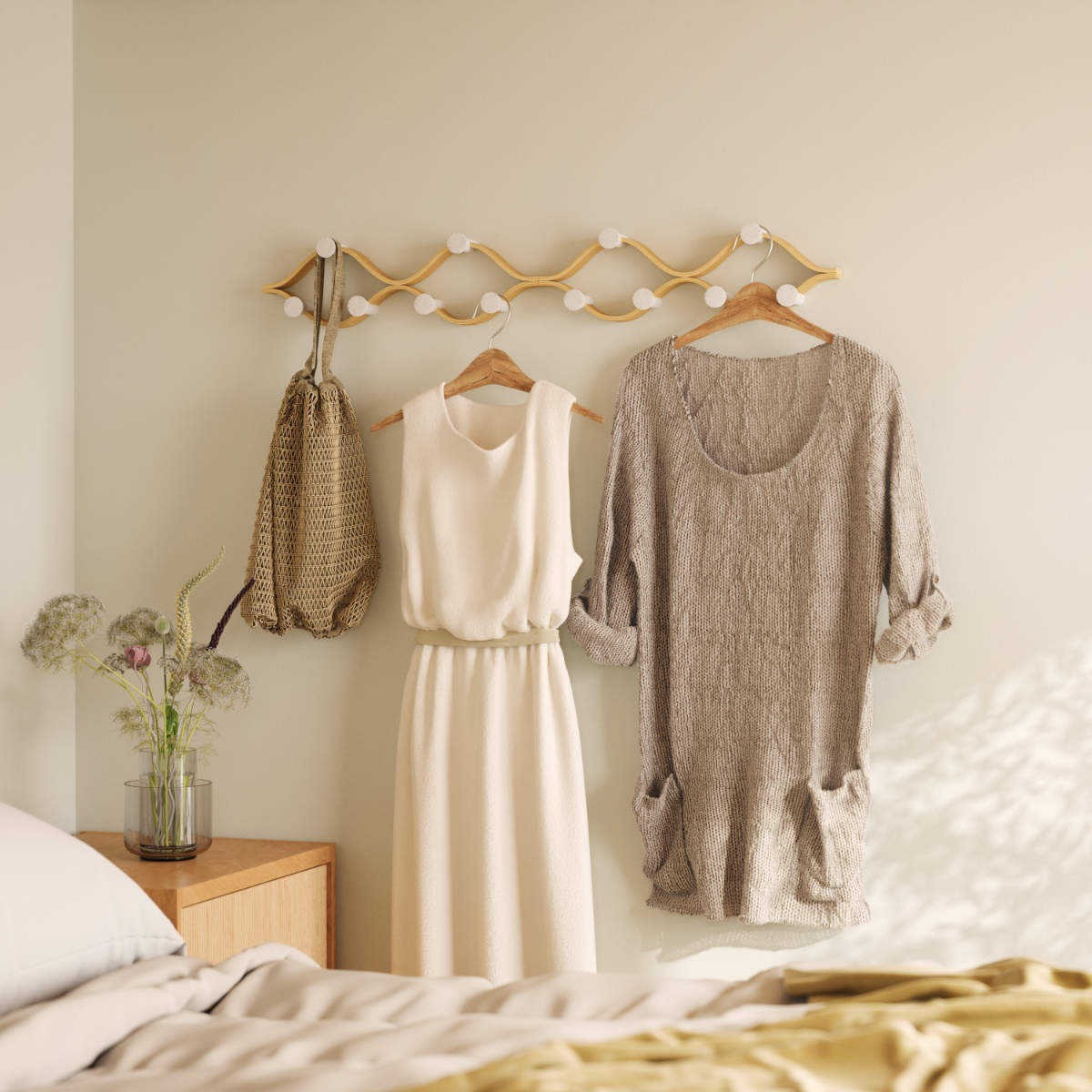 棚 壁 モンタージュ フック 6個付き 幅51×奥行6×高さ15cm ( Umbra アンブラ 壁掛け デザインフック 壁掛けフック ウォールフック 壁面収納 木製 おしゃれ コートハンガー 洋服掛け ハンガーフック 玄関 収納 カバン 帽子 ) 【ナチュラル】 ナチュラル