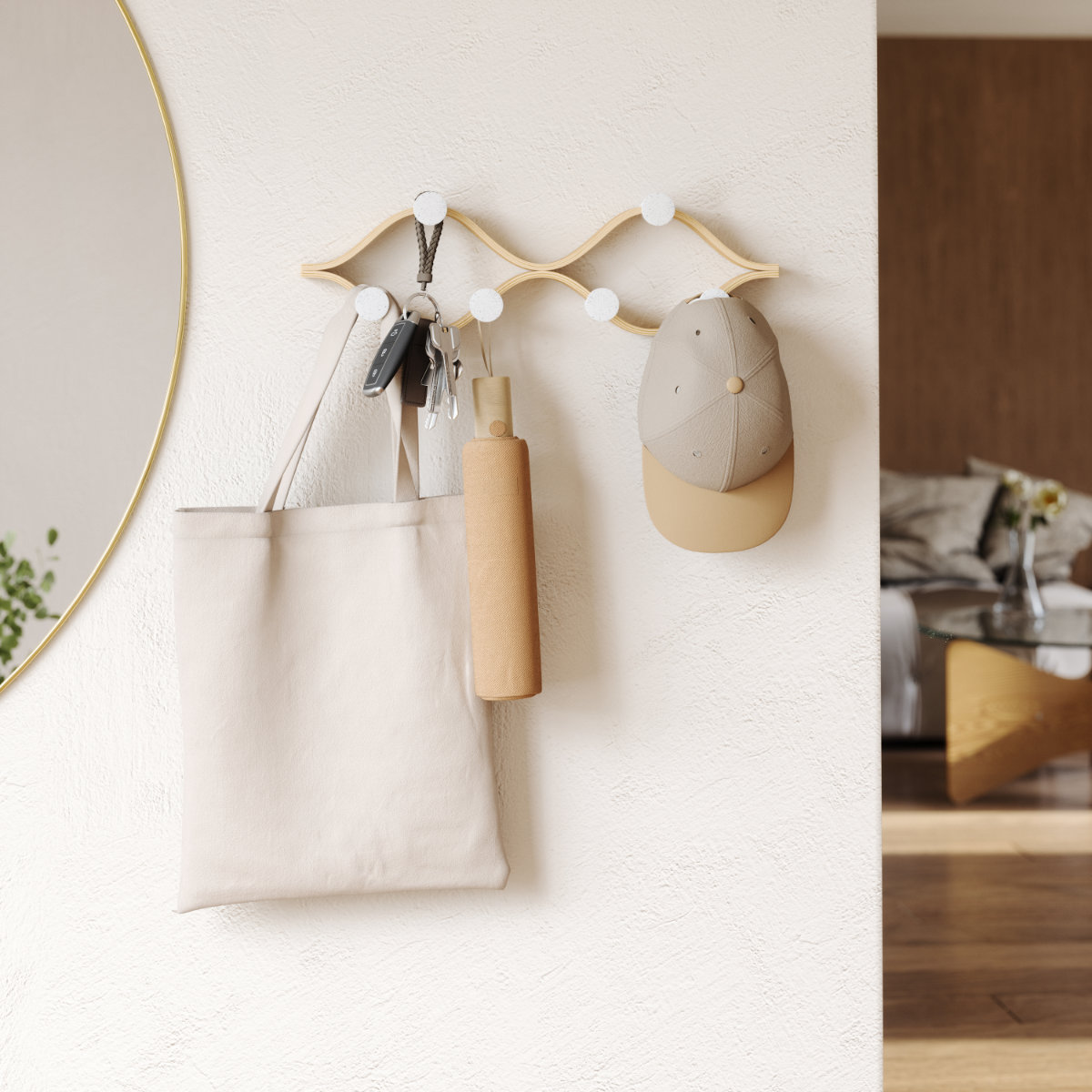 棚 壁 モンタージュ フック 6個付き 幅51×奥行6×高さ15cm ( Umbra アンブラ 壁掛け デザインフック 壁掛けフック ウォールフック 壁面収納 木製 おしゃれ コートハンガー 洋服掛け ハンガーフック 玄関 収納 カバン 帽子 ) 【ナチュラル】 ナチュラル