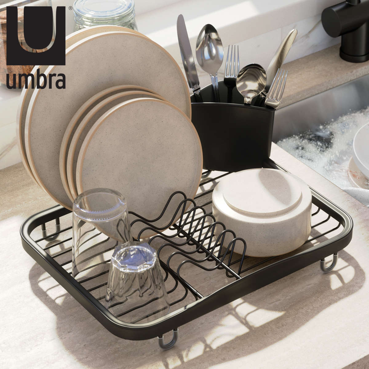 水切りラック Umbra シンキン ディッシュラック ( アンブラ 水切りかご 水切りバスケット シンク横 シンク中 コンパクト 水切り 皿立て 脚付き シンク 乾燥 洗物 食器洗い カトラリーポケット )