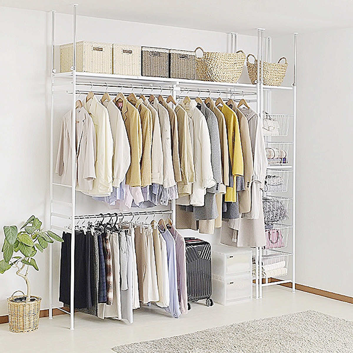 突っ張り ハンガーラック 幅120~200cm 高さ200~265cm ダブルハンガー ロータイプ ワイド ( つっぱり ラック 突っ張りラック 伸縮 収納 棚 クローゼット 突っ張りハンガーラック 突っ張り棚 天井 壁面収納 衣類収納 )