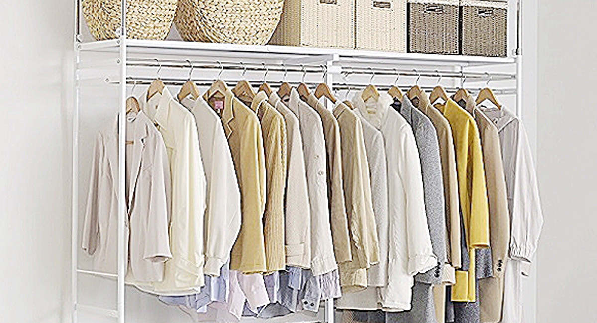 突っ張り ハンガーラック 幅120~200cm 高さ200~265cm ダブルハンガー ロータイプ ワイド ( つっぱり ラック 突っ張りラック 伸縮 収納 棚 クローゼット 突っ張りハンガーラック 突っ張り棚 天井 壁面収納 衣類収納 )