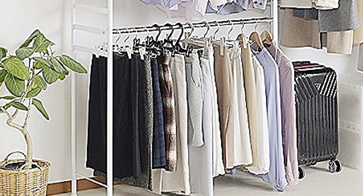 突っ張り ハンガーラック 幅120~200cm 高さ200~265cm ダブルハンガー ロータイプ ワイド ( つっぱり ラック 突っ張りラック 伸縮 収納 棚 クローゼット 突っ張りハンガーラック 突っ張り棚 天井 壁面収納 衣類収納 )