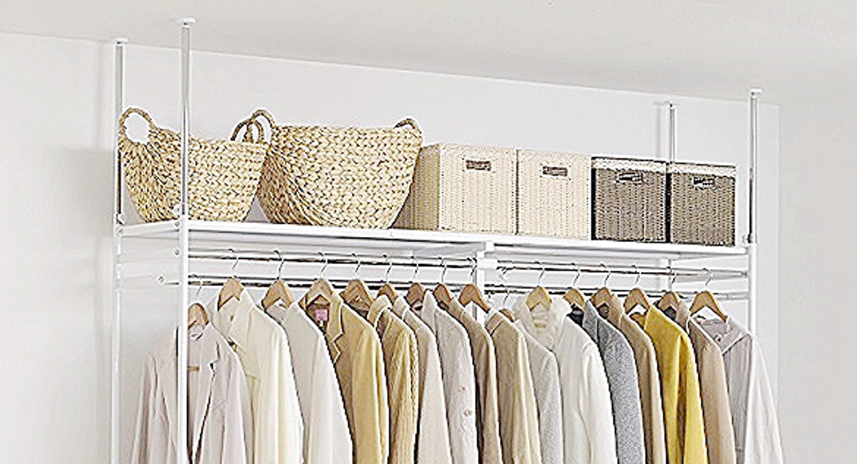 突っ張り ハンガーラック 幅120~200cm 高さ200~265cm ダブルハンガー ロータイプ ワイド ( つっぱり ラック 突っ張りラック 伸縮 収納 棚 クローゼット 突っ張りハンガーラック 突っ張り棚 天井 壁面収納 衣類収納 )