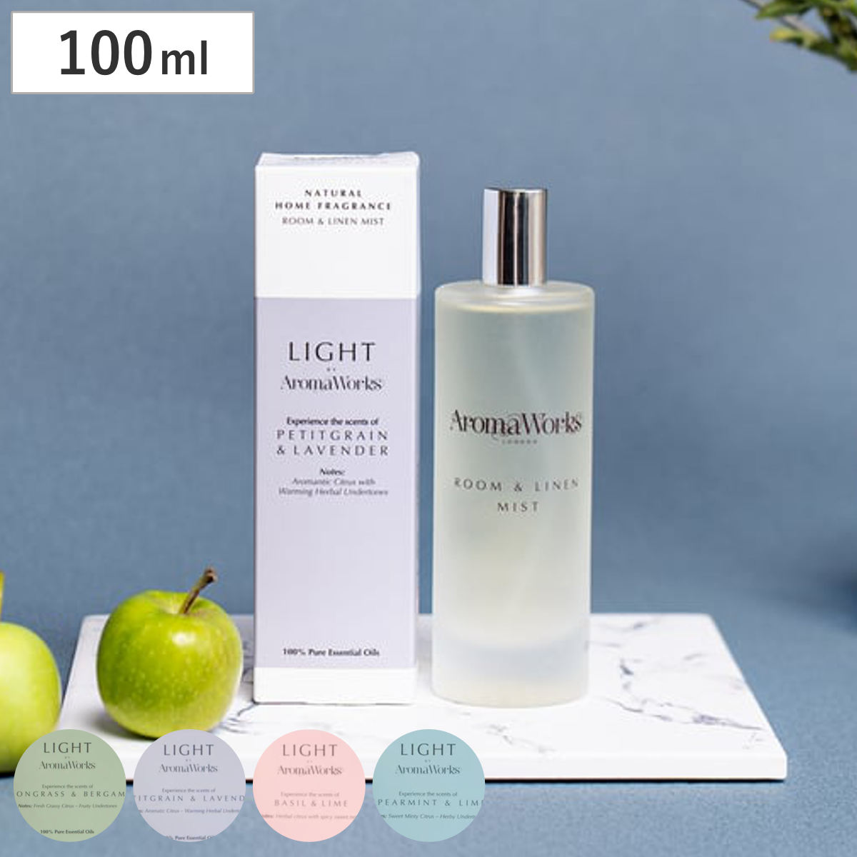 ルームミスト アロマワークス 100ml （ フレグランス アロマミスト ミスト ファブリック スプレー 100％ピュアエッセンシャルオイル 化学物質不使用 ルームフレグランス インテリア おしゃれ 香り ガラス 芳香剤 ） 【バジル×ライム】