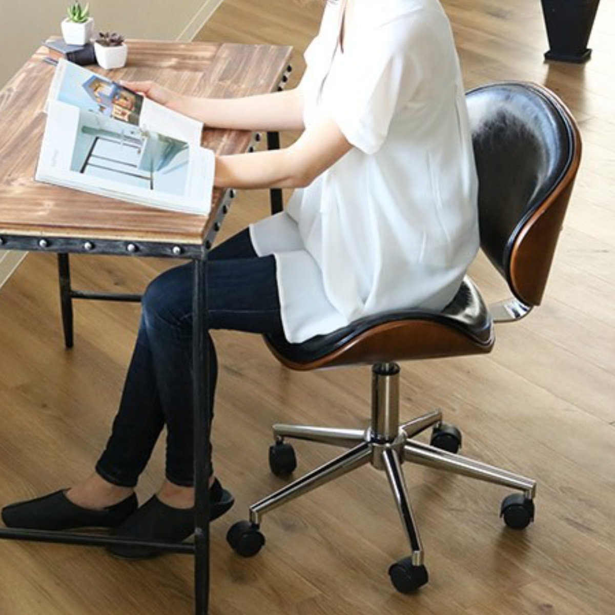 オフィスチェア 昇降式 座面高43~54.5cm 合皮タイプ デスクチェア KNOX ( 椅子 イス いす チェア キャスター付き 高さ調節 曲木 木目 レザー調 おしゃれ 高級感 ) 【グリーン】 グリーン