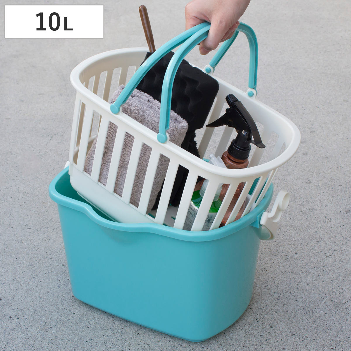 カゴバケツ 10L 角型 バスケット付 ( ばけつ 2重 ザル 多用途 洗車 掃除 収納 インナーバスケット付き アウトドア ホースホルダー付き 滑り止め付き 水切り カー用品 清掃用品 )