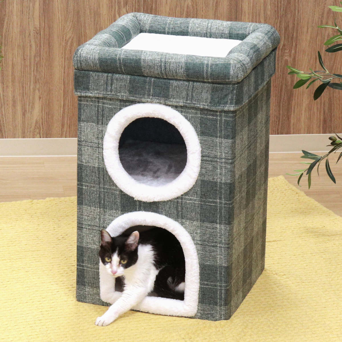 ペットハウス 2ルーム ルーフベッド付き 室内 （ 犬 猫 ペット 2段 犬用 猫用 高さ65cm コンパクト 小型 タワー ハウス ルーフ付き ソフ