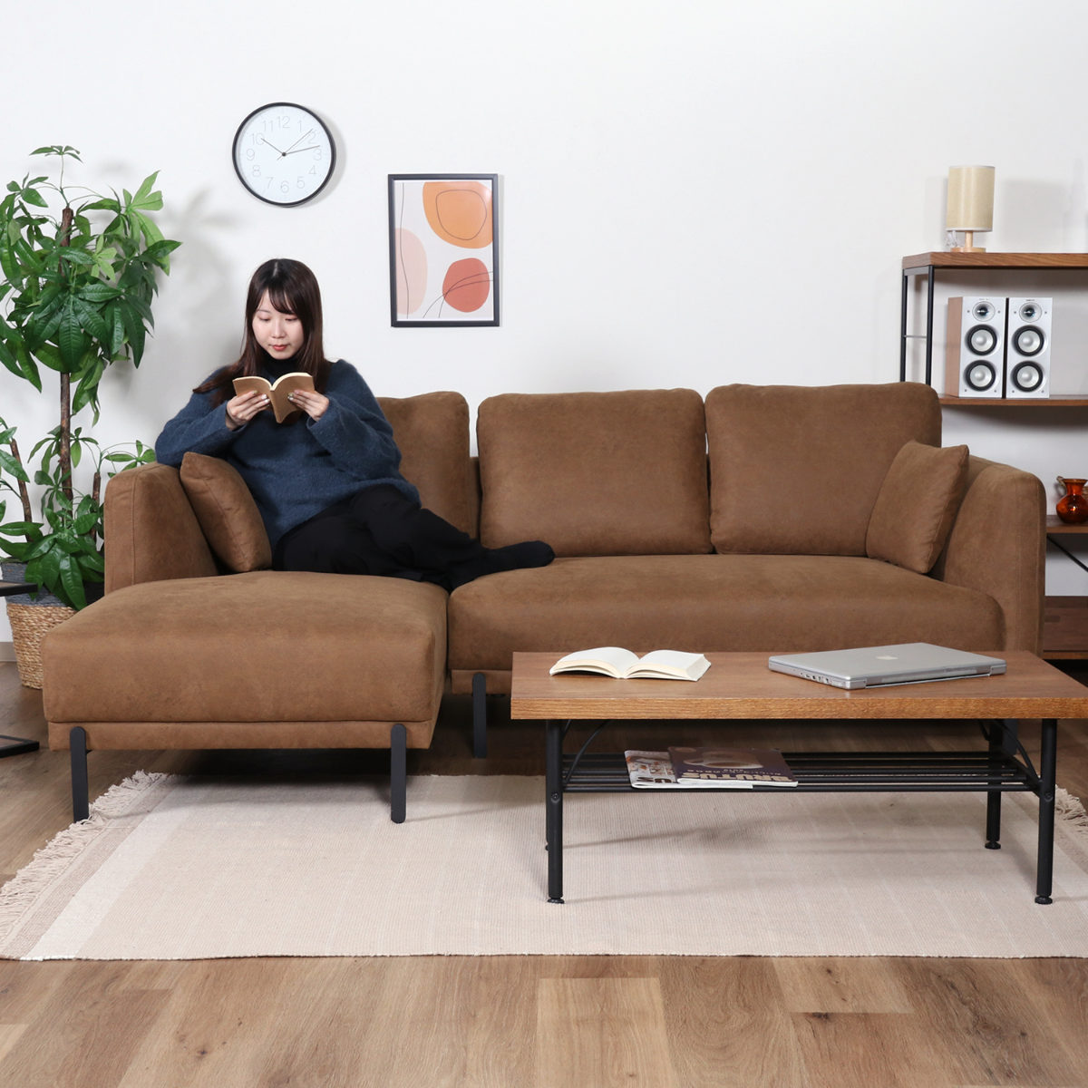 ファブリックローソファ 3人掛け カウチソファ 右カウチ コーナーソファ