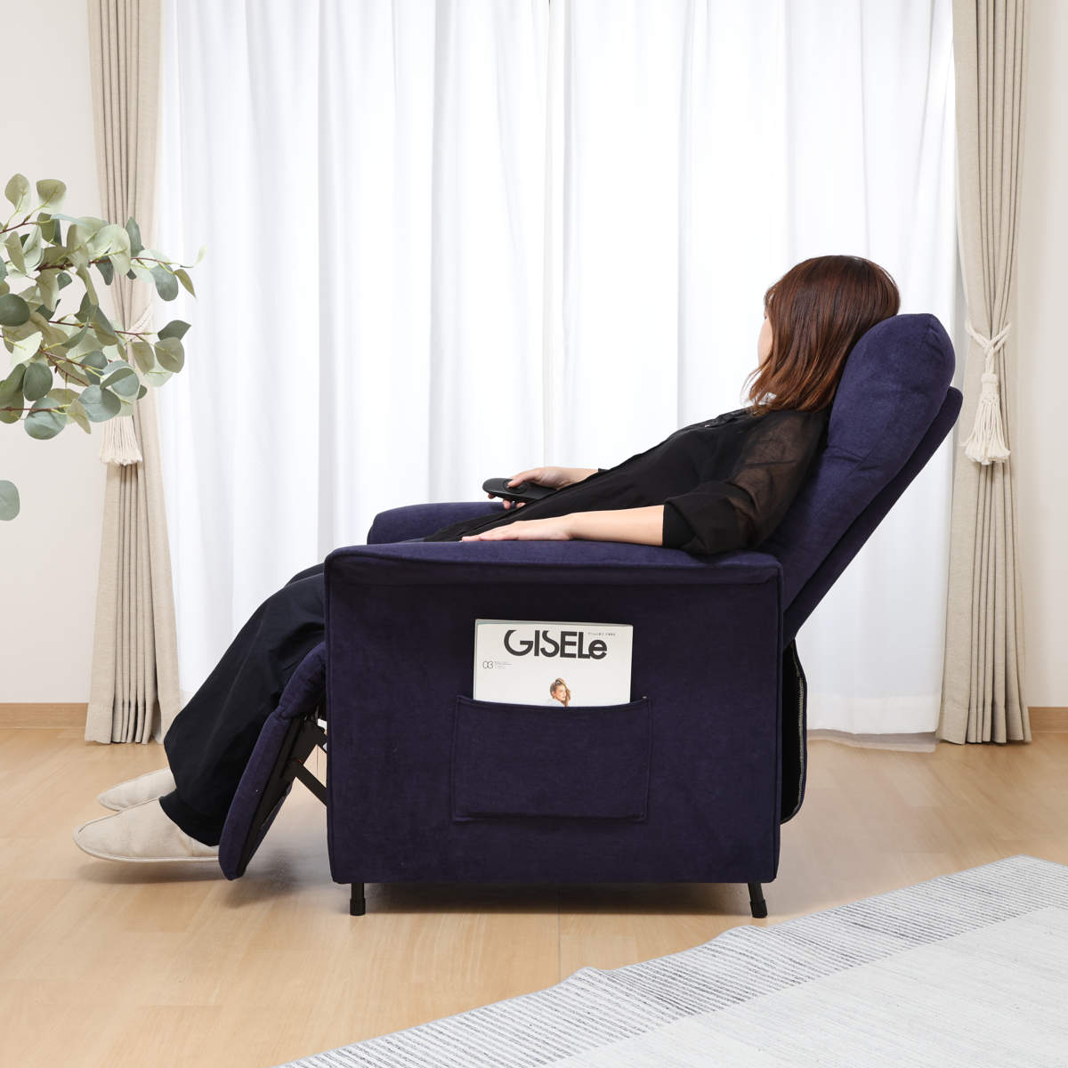 パーソナルチェア 電動リクライニング 座面高43.5cm SIMPLE ( ハイバック 収納ポケット ひじ掛け フットレスト 1人掛け 電動 ソファ 無地 シンプル おしゃれ ) 【ネイビー】 ネイビー