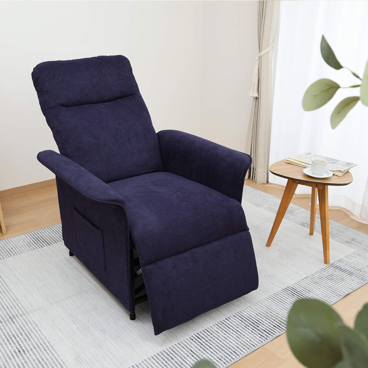 パーソナルチェア 電動リクライニング 座面高43.5cm SIMPLE ( ハイバック 収納ポケット ひじ掛け フットレスト 1人掛け 電動 ソファ 無地 シンプル おしゃれ ) 【ネイビー】 ネイビー