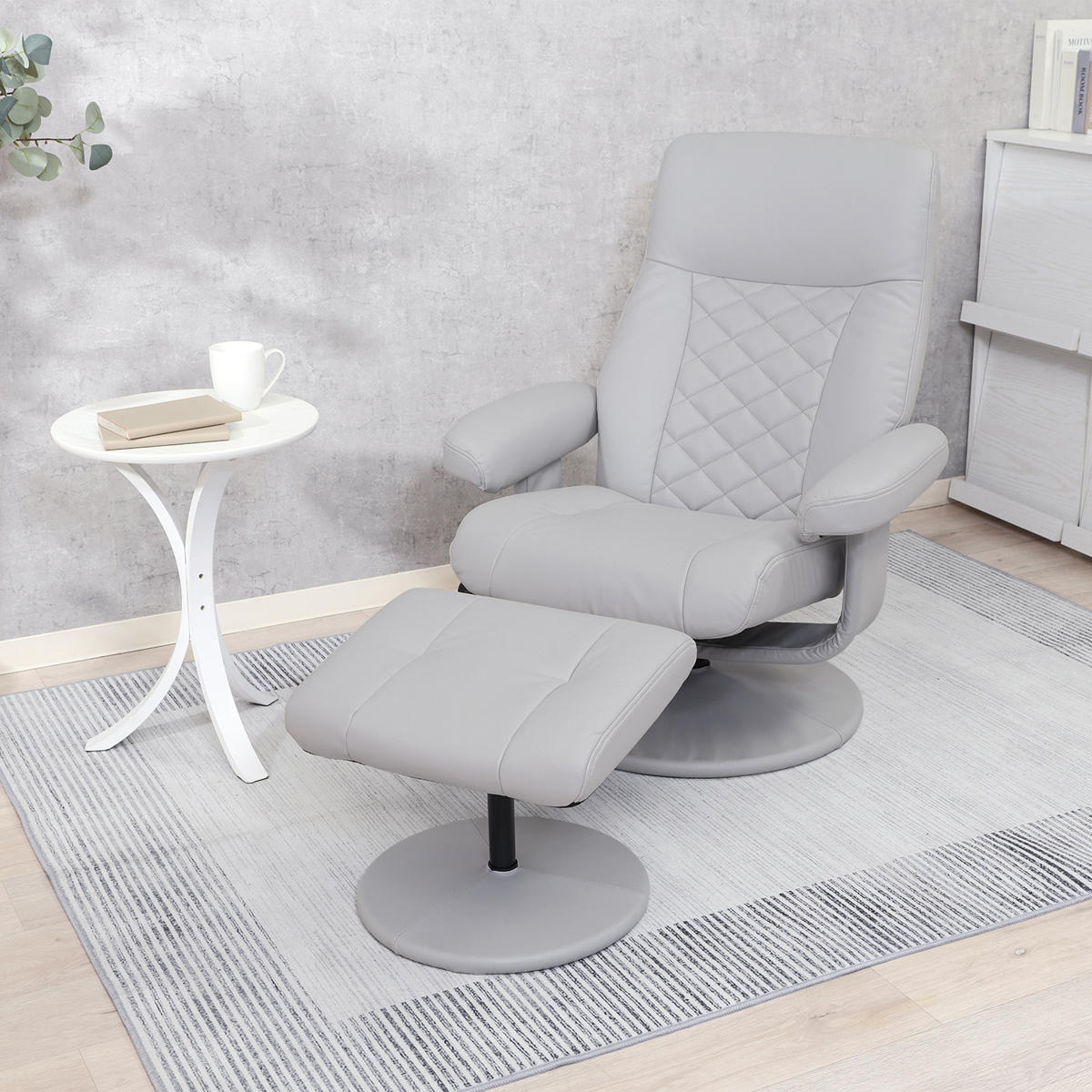 パーソナルチェア リクライニング オットマン付 クロス ( 回転 チェア 椅子 レザー調 ソフトレザー ゆったり リラックス ヘッドレスト アームレスト ビンテージ調 高級感 ) 【グレー】 グレー