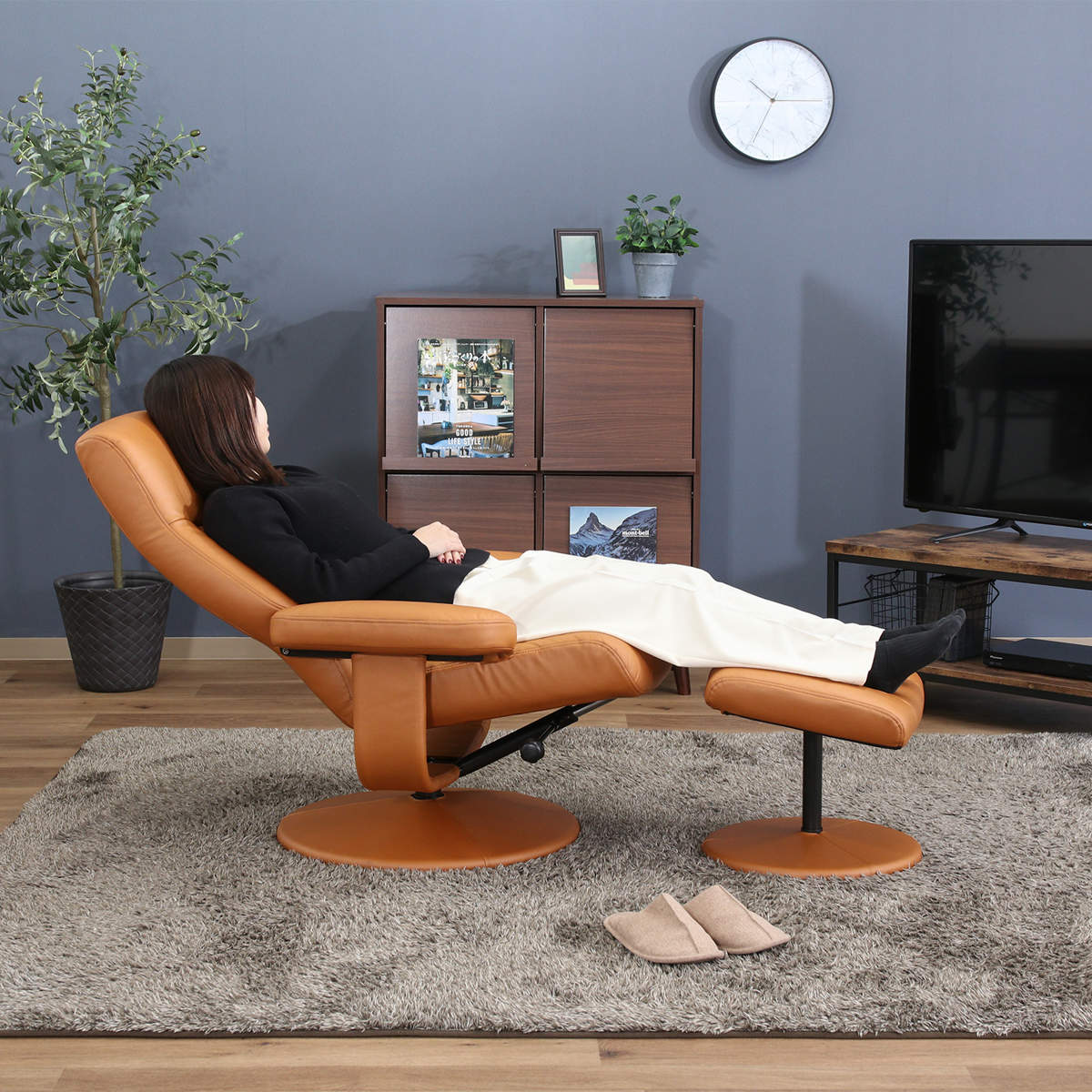 パーソナルチェア リクライニング オットマン付 クロス ( 回転 チェア 椅子 レザー調 ソフトレザー ゆったり リラックス ヘッドレスト アームレスト ビンテージ調 高級感 ) 【グレー】 グレー