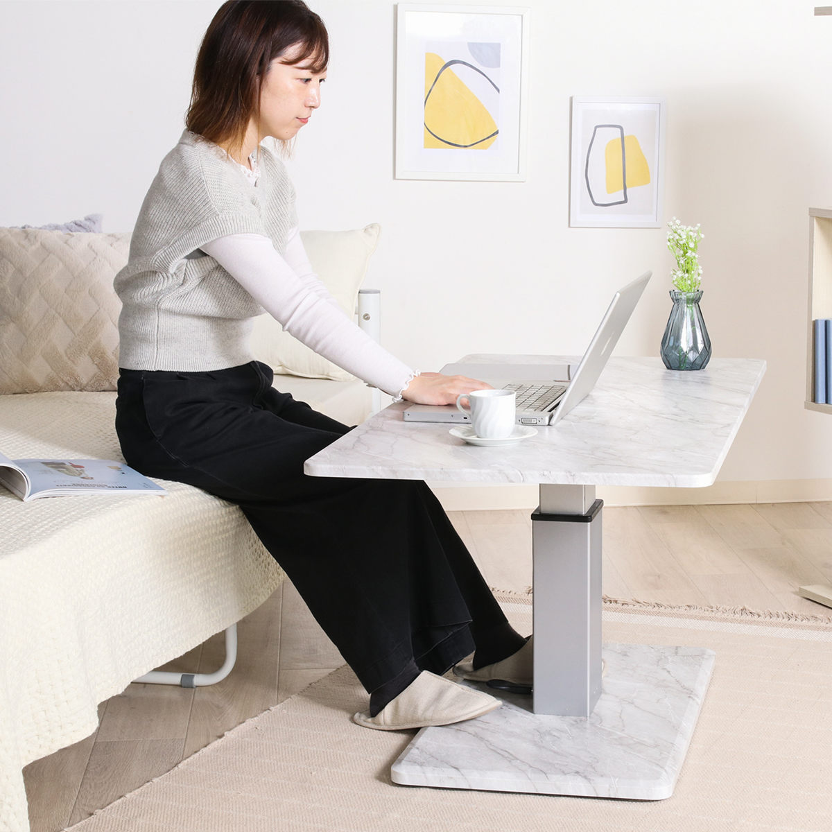 リビングテーブル 昇降式 幅120cm 大理石柄 ( 高さ調節 フットペダル ローテーブル センターテーブル テーブル カフェ風 長方形 キャスター テレワーク パソコン 作業 机 高級感 上品 )