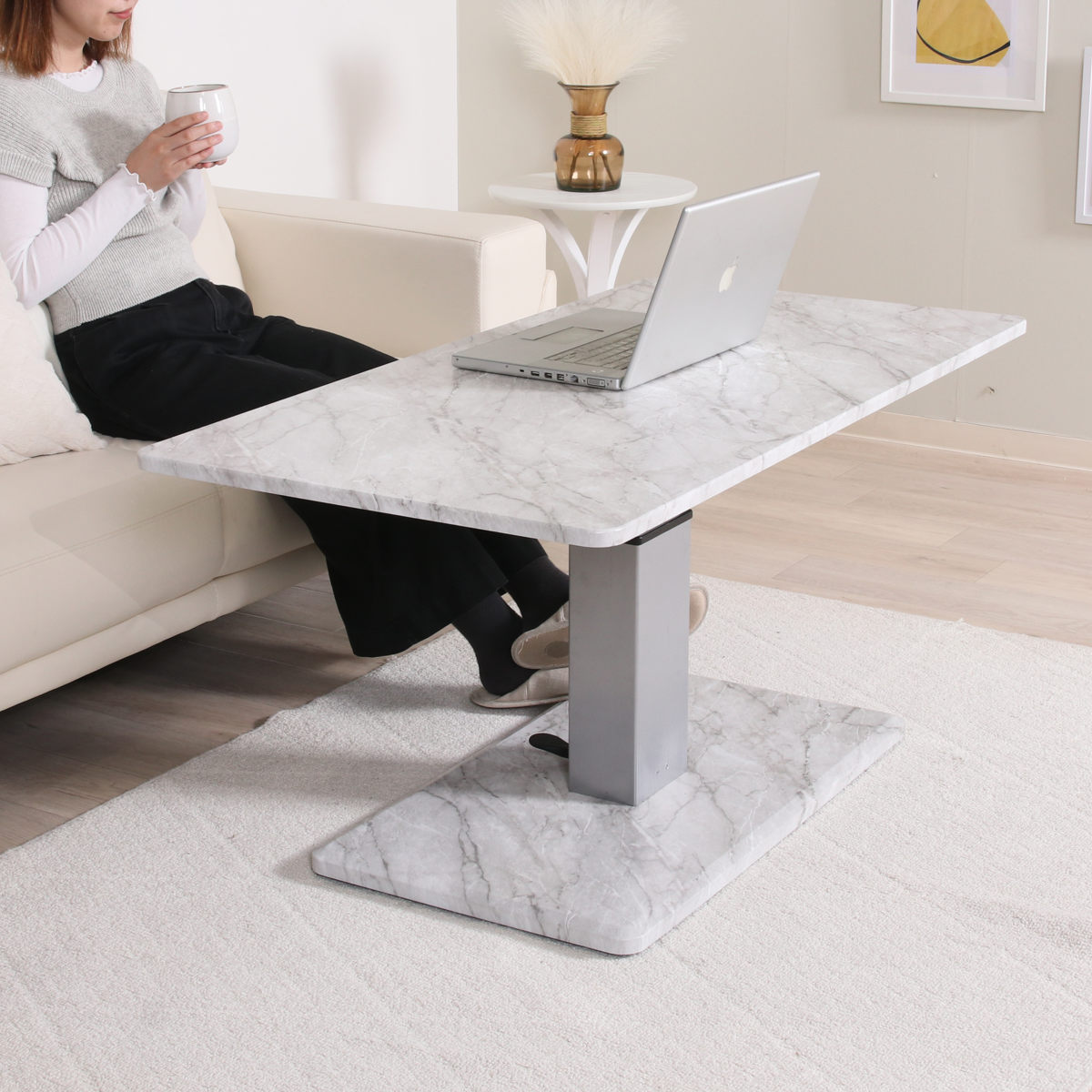 リビングテーブル 昇降式 幅120cm 大理石柄 ( 高さ調節 フットペダル ローテーブル センターテーブル テーブル カフェ風 長方形 キャスター テレワーク パソコン 作業 机 高級感 上品 )