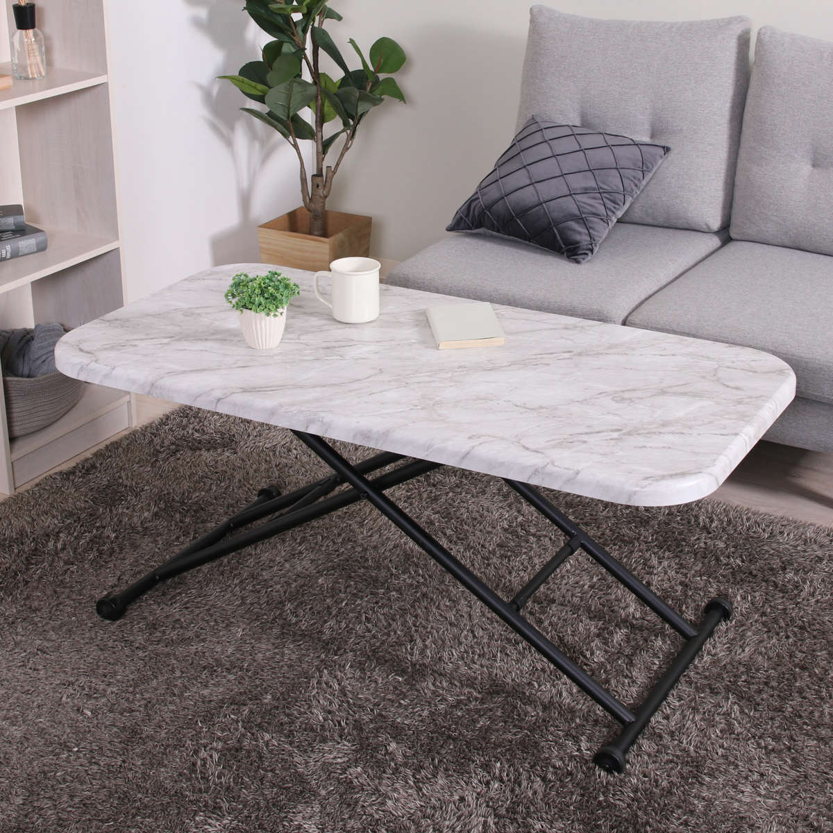 リビングテーブル ワイド 昇降式 幅120cm 大理石柄 コンクリート柄 ( 高さ調節 ローテーブル センターテーブル テーブル カフェ風 長方形 テレワーク パソコン 作業 机 高級感 上品 ) 【コンクリート】 コンクリート