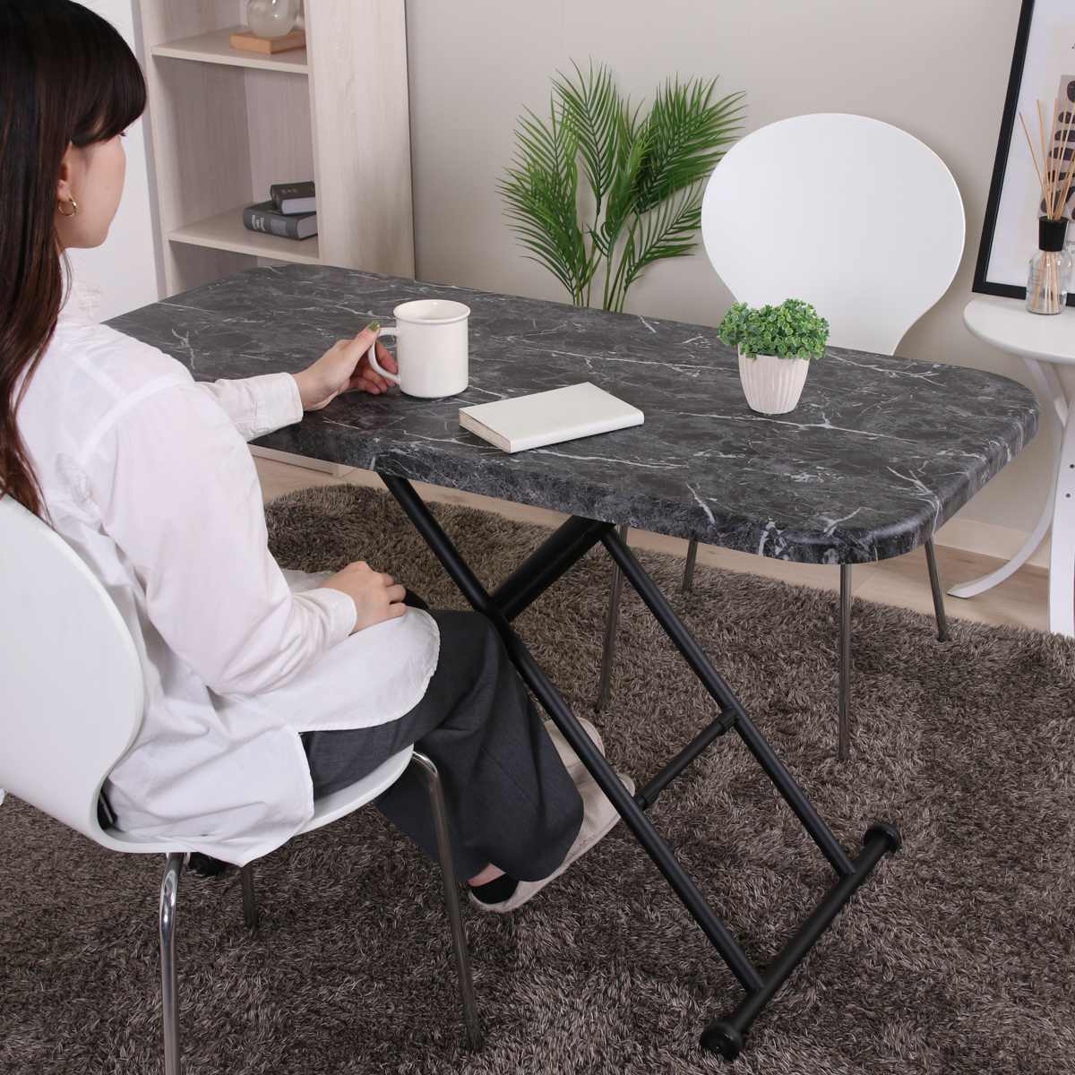 リビングテーブル ワイド 昇降式 幅120cm 大理石柄 コンクリート柄 ( 高さ調節 ローテーブル センターテーブル テーブル カフェ風 長方形 テレワーク パソコン 作業 机 高級感 上品 ) 【コンクリート】 コンクリート