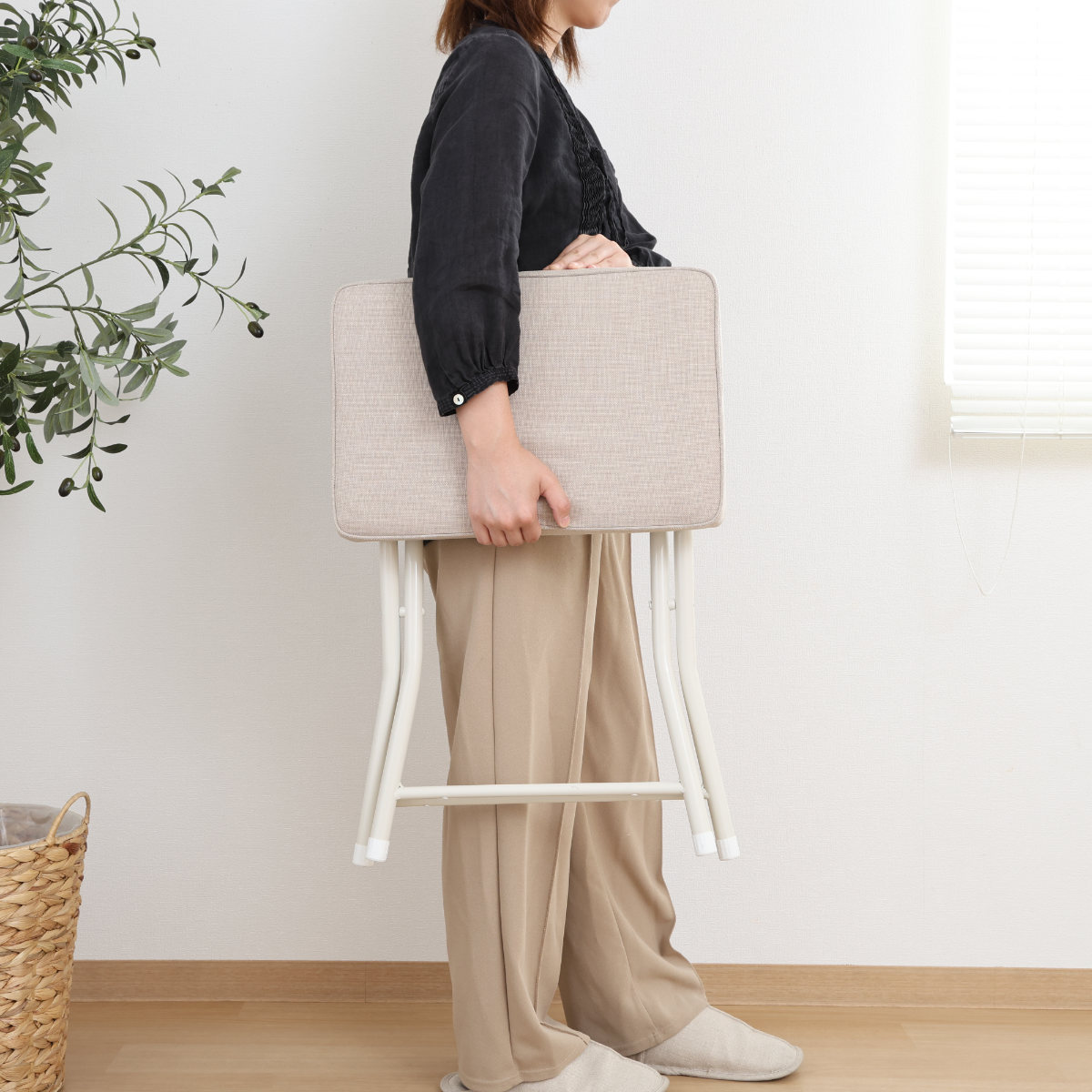 折りたたみ椅子 座面高49cm スツール ワイドチェア バーディー ( 背もたれなし ツートン おしゃれ スリム チェア レザー調 ファブリック 座面 ダイニング キッチン リビング デスク ) 【ブラウン】 ブラウン