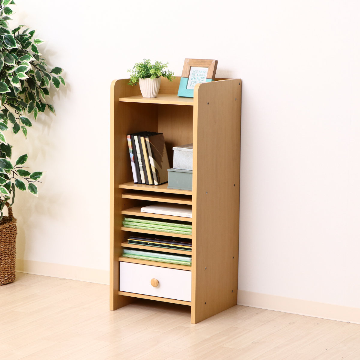 キッズラック リビングラック 幅38cm 高さ89cm ( 学習ラック 教科書 収納 本棚 シェルフ スリム 棚 ラック ノート A4 引き出し 可動棚 木目調 高さ調節 文房具 学用品 シンプル ナチュラル )