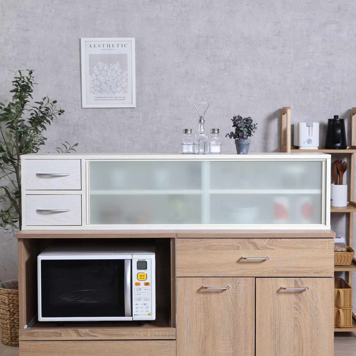 両側から取り出せる カウンター上 収納ラック 幅120cm ( 棚 ラック 収納 調味料ラック カウンター 両面 卓上 引出し ナチュラル ホワイト シンプル ) 【ホワイト】 ホワイト