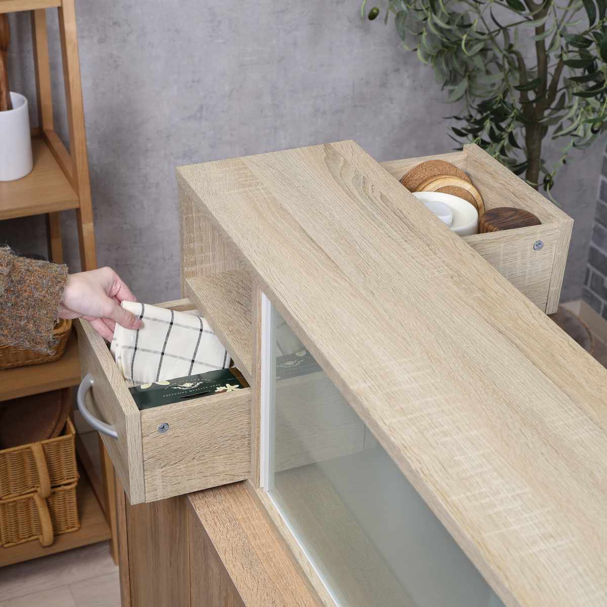 両側から取り出せる カウンター上 収納ラック 幅120cm ( 棚 ラック 収納 調味料ラック カウンター 両面 卓上 引出し ナチュラル ホワイト シンプル ) 【ホワイト】 ホワイト