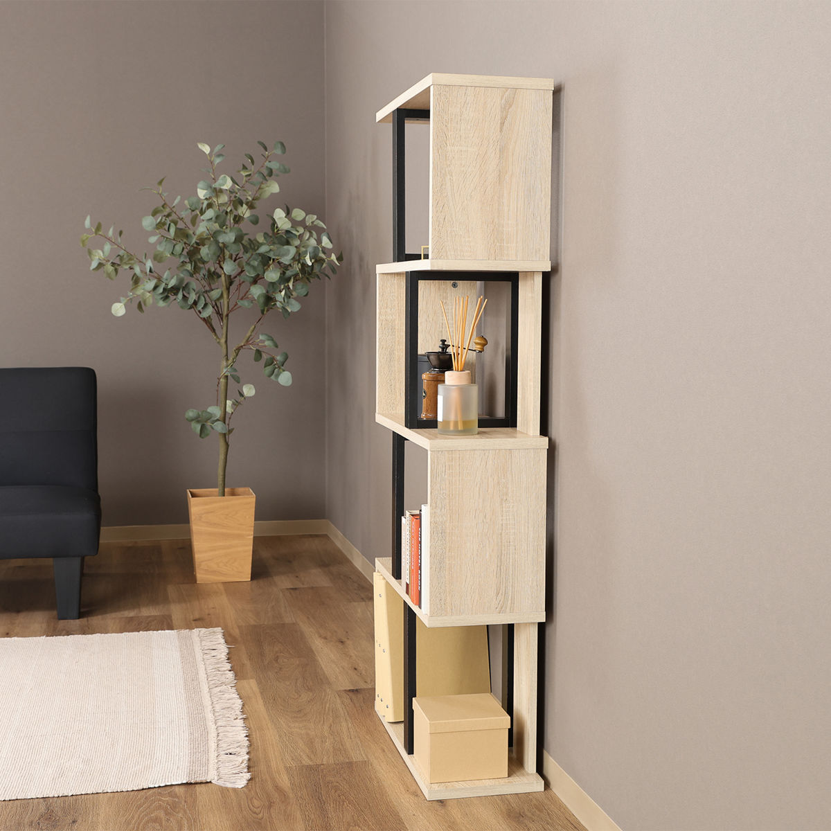 S字ディスプレイラック 幅59cm 4段 A4サイズ対応 ( ディスプレイラック S字 ラック 棚 A4対応 ツートン シェルフ 飾り棚 間仕切 収納 家具 ナチュラル ホワイト 四段 ) 【ナチュラル】 ナチュラル