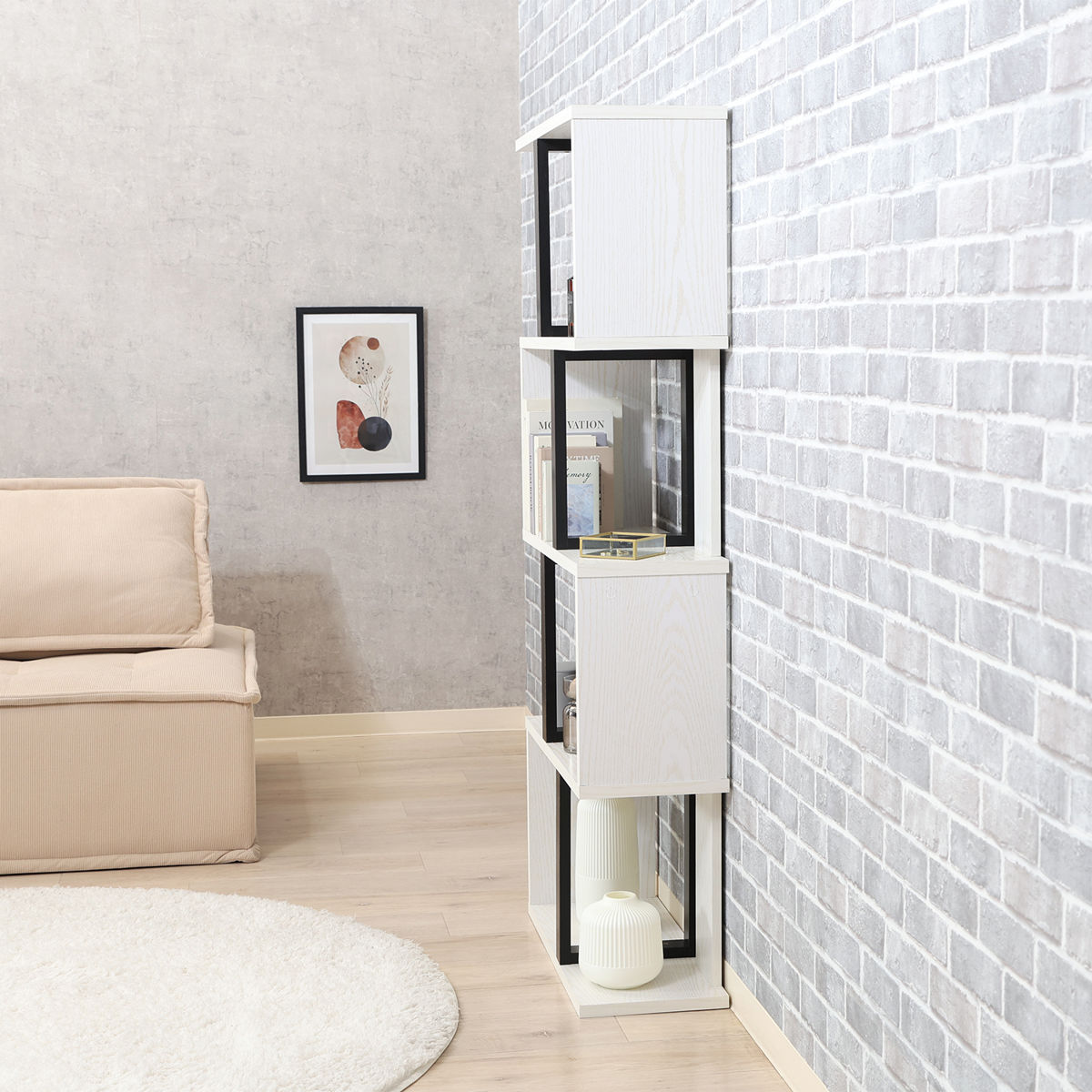 S字ディスプレイラック 幅59cm 4段 A4サイズ対応 ( ディスプレイラック S字 ラック 棚 A4対応 ツートン シェルフ 飾り棚 間仕切 収納 家具 ナチュラル ホワイト 四段 ) 【ナチュラル】 ナチュラル