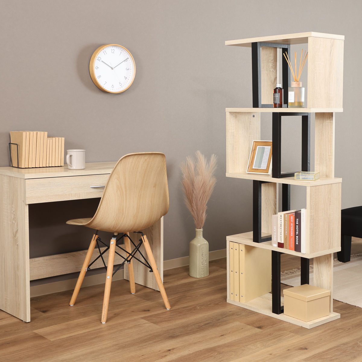 S字ディスプレイラック 幅59cm 4段 A4サイズ対応 ( ディスプレイラック S字 ラック 棚 A4対応 ツートン シェルフ 飾り棚 間仕切 収納 家具 ナチュラル ホワイト 四段 ) 【ナチュラル】 ナチュラル