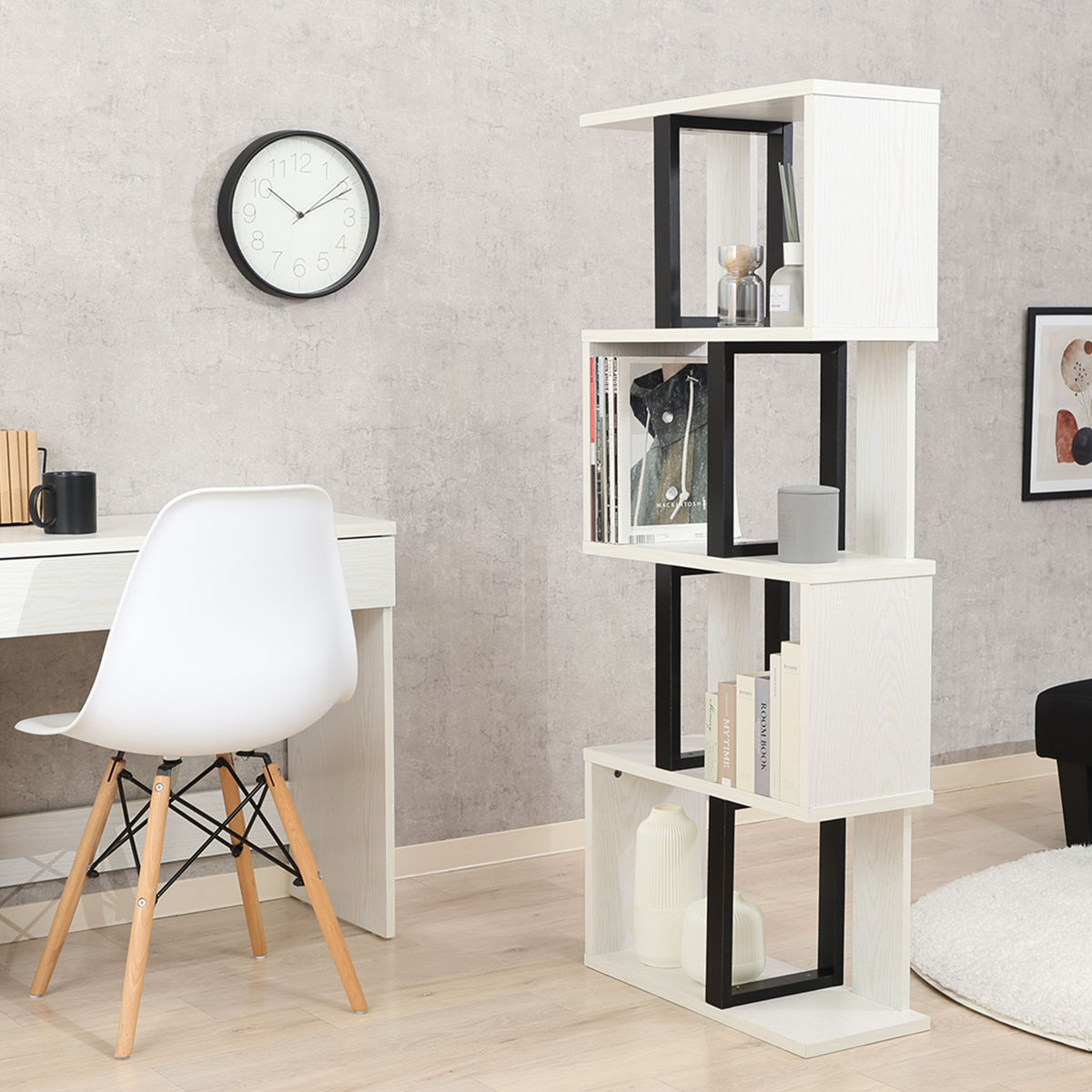 S字ディスプレイラック 幅59cm 4段 A4サイズ対応 ( ディスプレイラック S字 ラック 棚 A4対応 ツートン シェルフ 飾り棚 間仕切 収納 家具 ナチュラル ホワイト 四段 ) 【ナチュラル】 ナチュラル