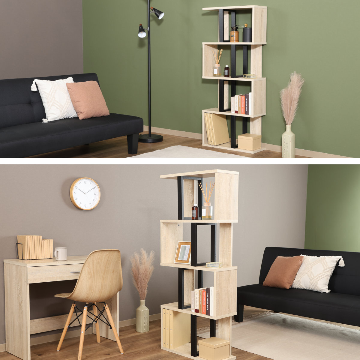 S字ディスプレイラック 幅59cm 4段 A4サイズ対応 ( ディスプレイラック S字 ラック 棚 A4対応 ツートン シェルフ 飾り棚 間仕切 収納 家具 ナチュラル ホワイト 四段 ) 【ナチュラル】 ナチュラル