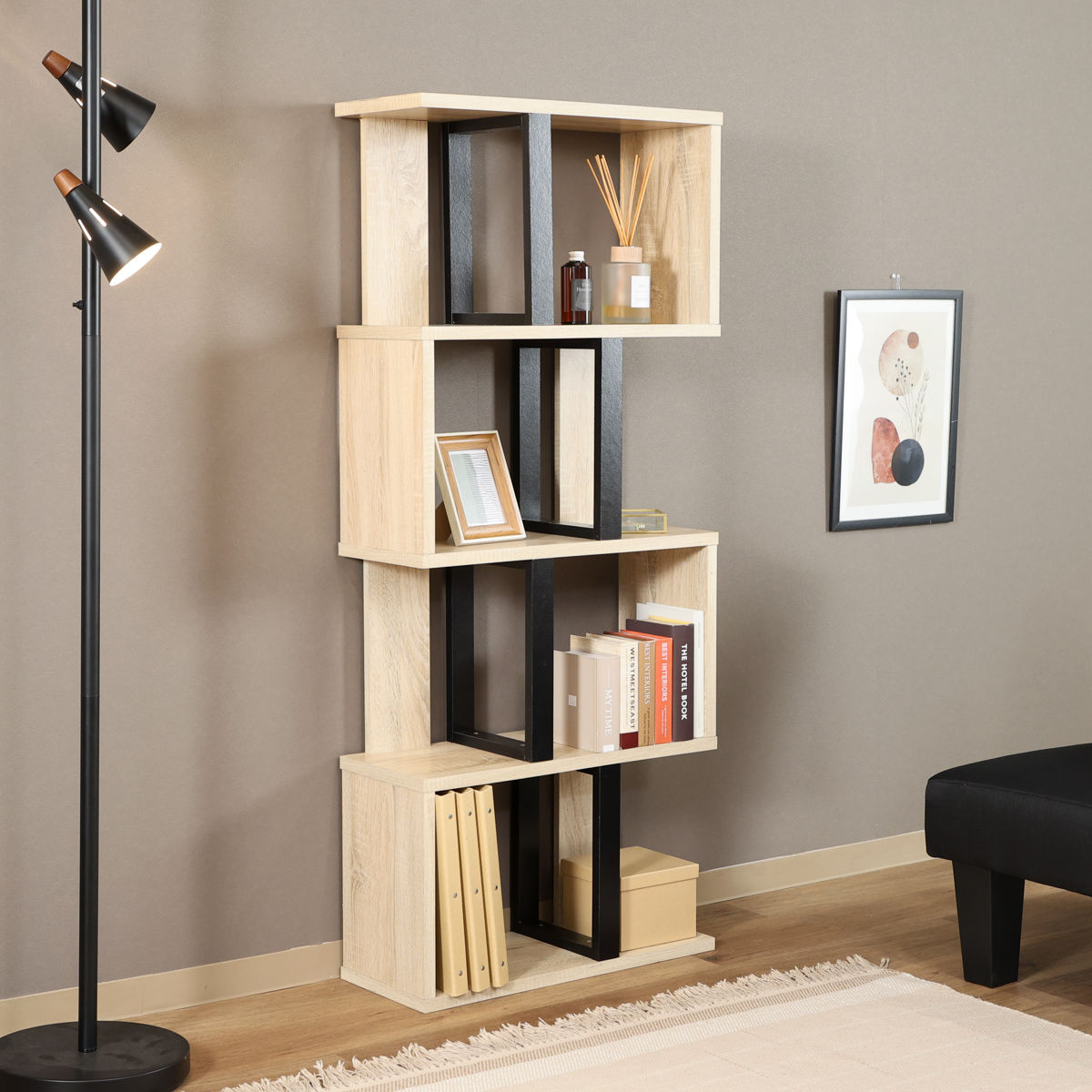 S字ディスプレイラック 幅59cm 4段 A4サイズ対応 ( ディスプレイラック S字 ラック 棚 A4対応 ツートン シェルフ 飾り棚 間仕切 収納 家具 ナチュラル ホワイト 四段 ) 【ナチュラル】 ナチュラル