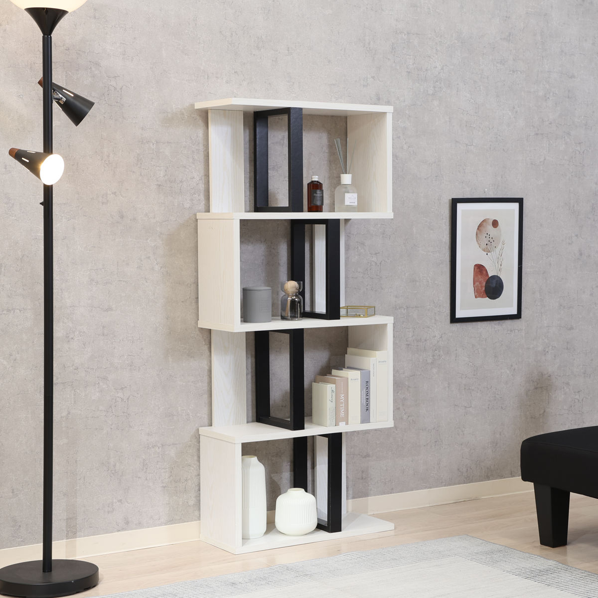 S字ディスプレイラック 幅59cm 4段 A4サイズ対応 ( ディスプレイラック S字 ラック 棚 A4対応 ツートン シェルフ 飾り棚 間仕切 収納 家具 ナチュラル ホワイト 四段 ) 【ナチュラル】 ナチュラル