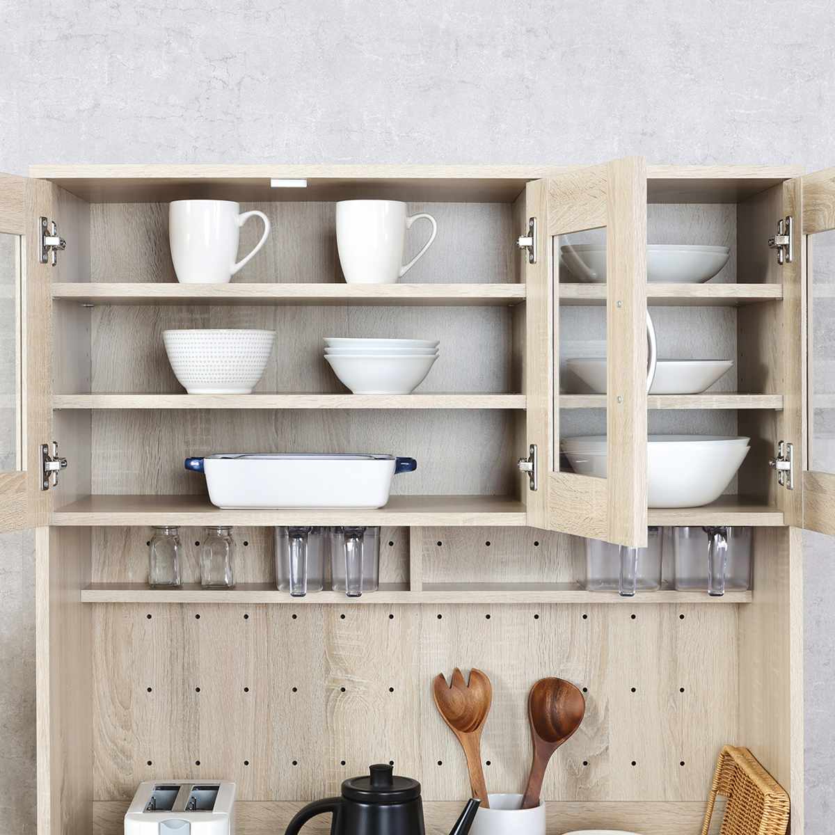 ゴミ箱上 キャビネット 幅88.5cm 2口コンセント ( ゴミ箱上収納 食器棚 ラック 棚 収納 ごみ箱上 省スペース 食器収納 コンセント付 可動棚 ナチュラル ホワイト ) 【ナチュラル】 ナチュラル