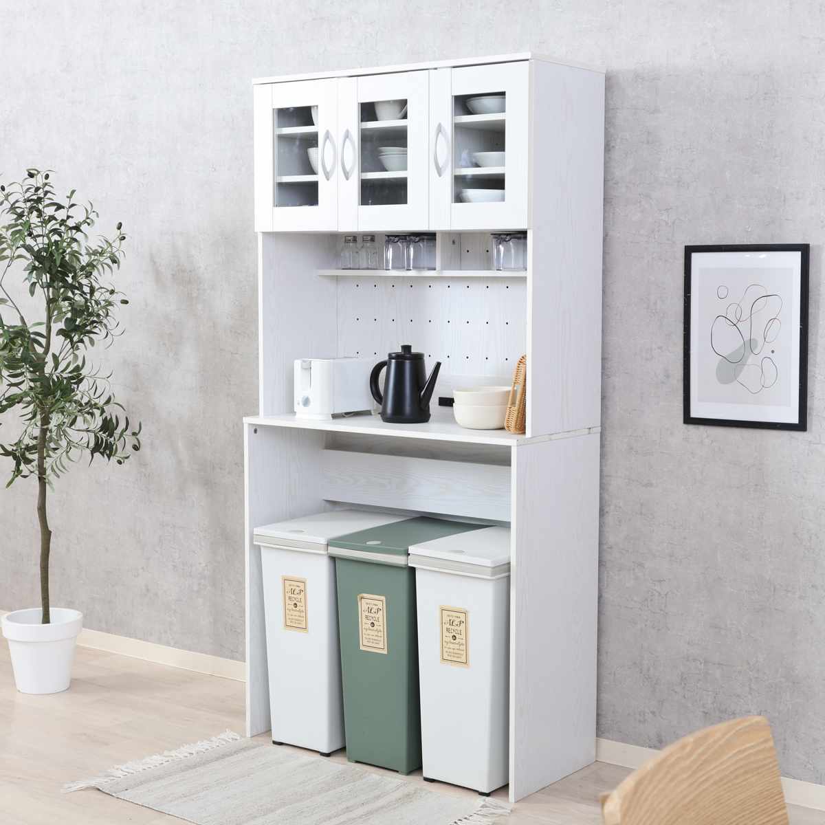 ゴミ箱上 キャビネット 幅88.5cm 2口コンセント ( ゴミ箱上収納 食器棚 ラック 棚 収納 ごみ箱上 省スペース 食器収納 コンセント付 可動棚 ナチュラル ホワイト ) 【ナチュラル】 ナチュラル