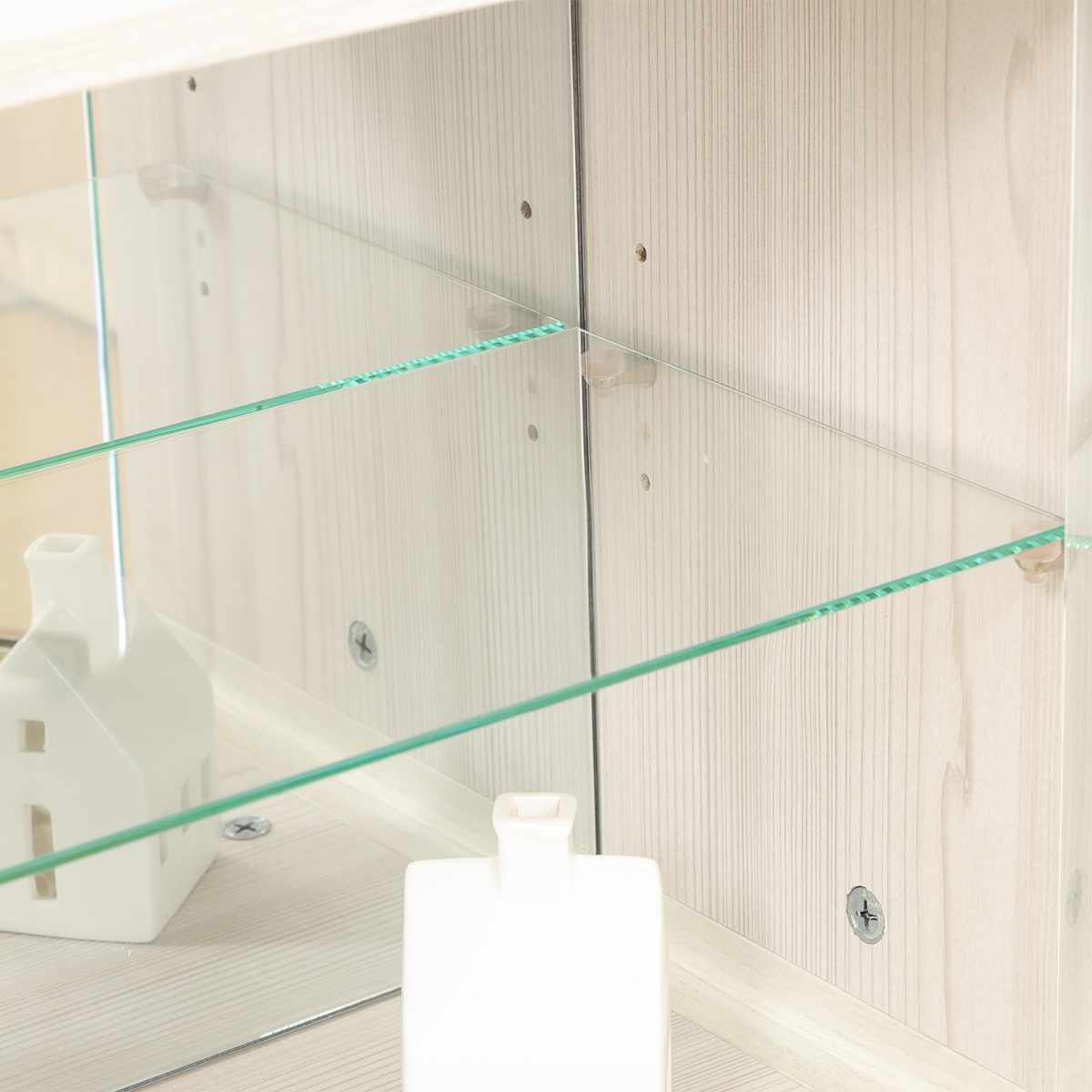 コレクションシェルフ 幅79.5cm ロータイプ ガラス扉 背面ミラー 推し活 ( ショーケース コレクションラック シェルフ ケース 棚 ラック ディスプレイ 収納 可動棚 ナチュラル ホワイトウォッシュ ) 【ホワイトウォッシュ】 ホワイトウォッシュ