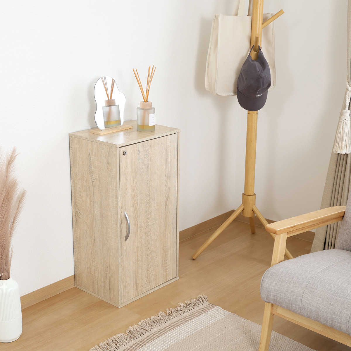 収納ボックス 幅39cm 鍵付き 可動棚 ( 棚 ラック ロッカー 収納 鍵付 カラボ 書類 隠す収納 ナチュラル ホワイトウォッシュ 省スペース コンパクト ) 【ホワイトウォッシュ】 ホワイトウォッシュ