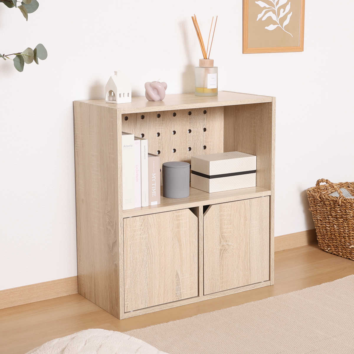 連結可能 収納ボックス 幅60cm オープンタイプ ( 棚 ラック ディスプレイ 飾り棚 連結 積み重ね 見せる収納 隠す収納 配線穴 有孔ボード ナチュラル ホワイトウォッシュ 省スペース コンパクト ) 【ナチュラル】 ナチュラル