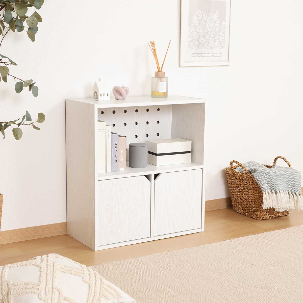 連結可能 収納ボックス 幅60cm オープンタイプ ( 棚 ラック ディスプレイ 飾り棚 連結 積み重ね 見せる収納 隠す収納 配線穴 有孔ボード ナチュラル ホワイトウォッシュ 省スペース コンパクト ) 【ナチュラル】 ナチュラル