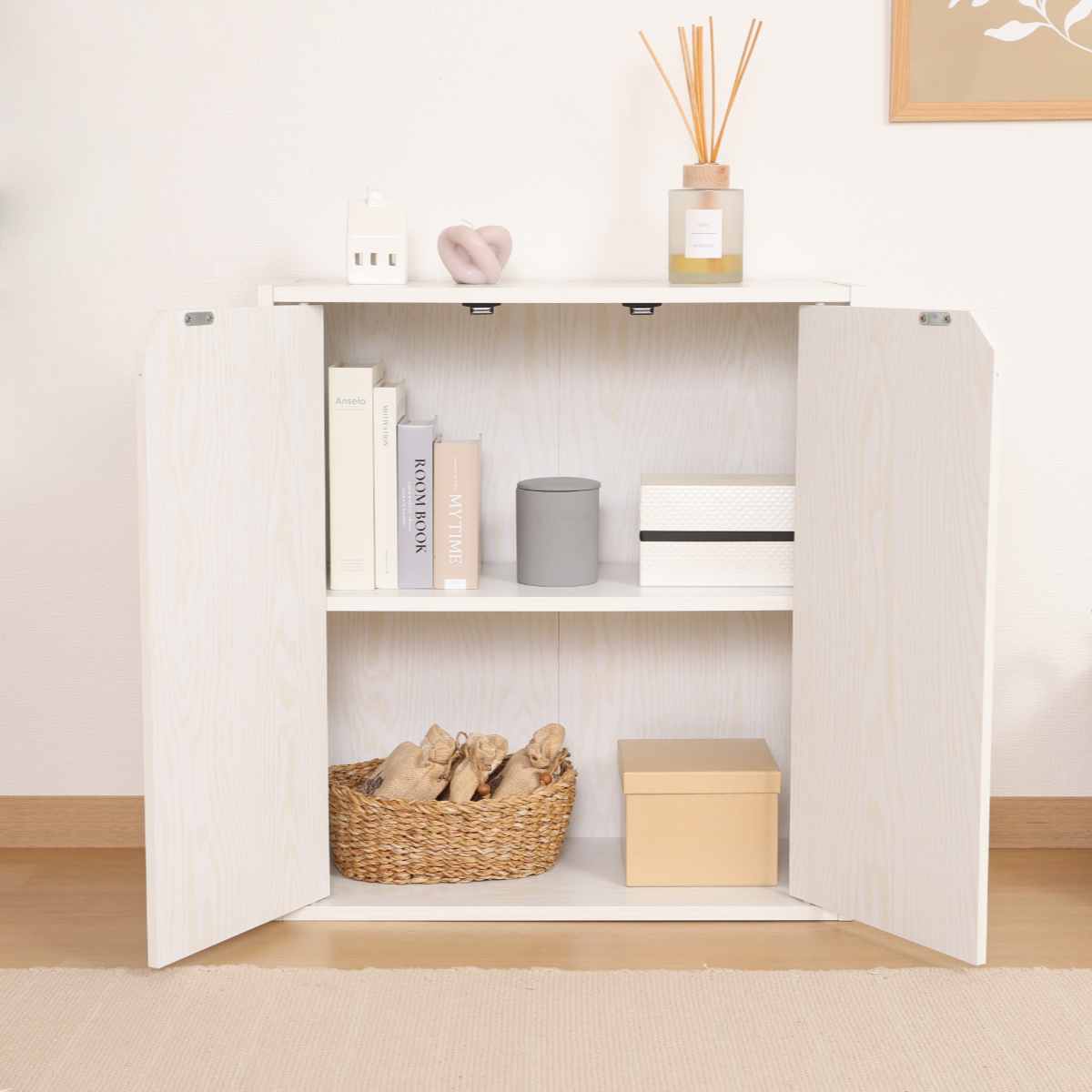 連結可能 収納ボックス 幅60cm 前面扉タイプ ( 棚 ラック 連結 積み重ね 扉収納 隠す収納 ナチュラル ホワイトウォッシュ 省スペース コンパクト ) 【ホワイトウォッシュ】 ホワイトウォッシュ