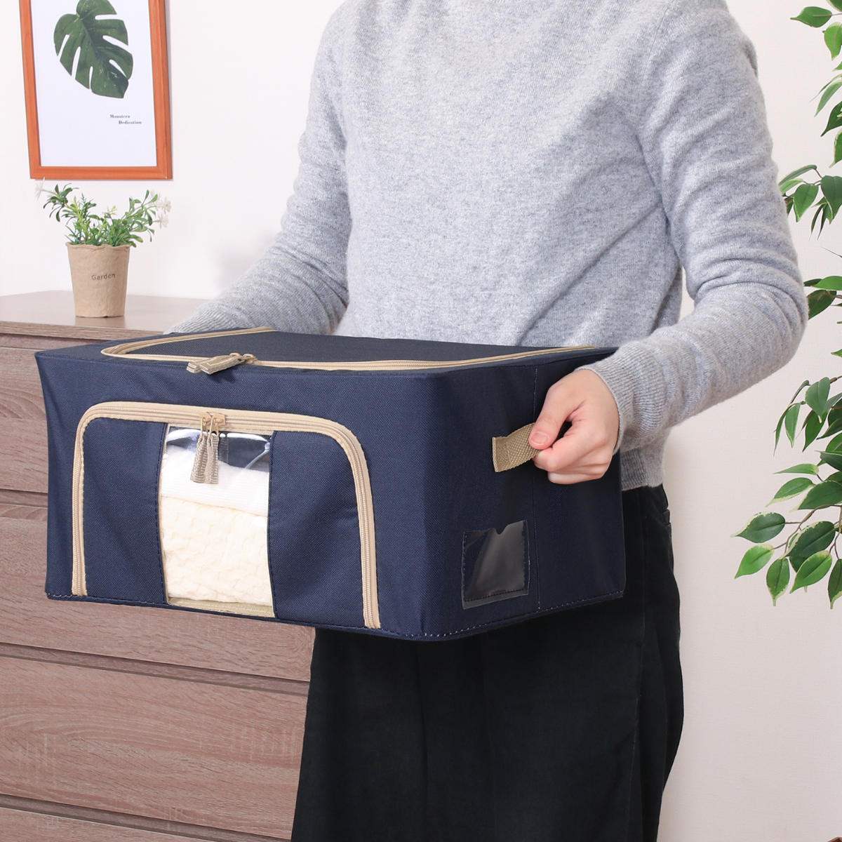 収納ボックス 22L 窓付き 積み重ね収納ボックス 布 幅39×奥行29×高さ20cm ( 前開き 衣類収納 スタッキング 収納ケース 衣類 洋服 収納 クローゼット収納 大容量 押入れ収納 衣装ケース おしゃれ 収納袋 持ち手付き ) 【ブルー】 ブルー