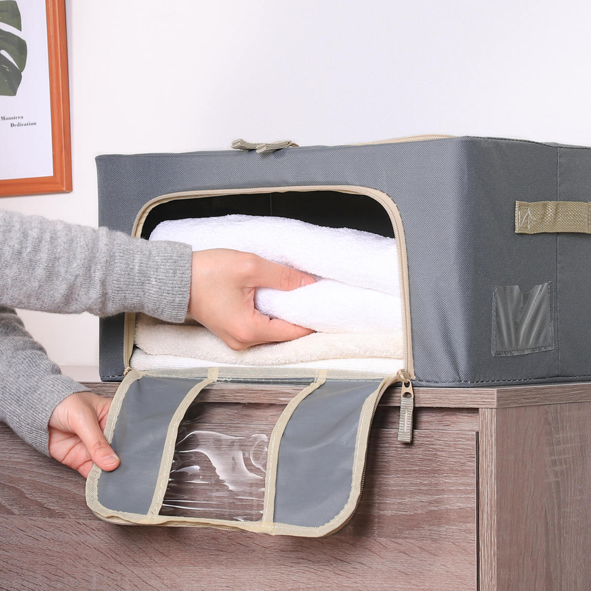 収納ボックス 22L 窓付き 積み重ね収納ボックス 布 幅39×奥行29×高さ20cm ( 前開き 衣類収納 スタッキング 収納ケース 衣類 洋服 収納 クローゼット収納 大容量 押入れ収納 衣装ケース おしゃれ 収納袋 持ち手付き ) 【ブルー】 ブルー