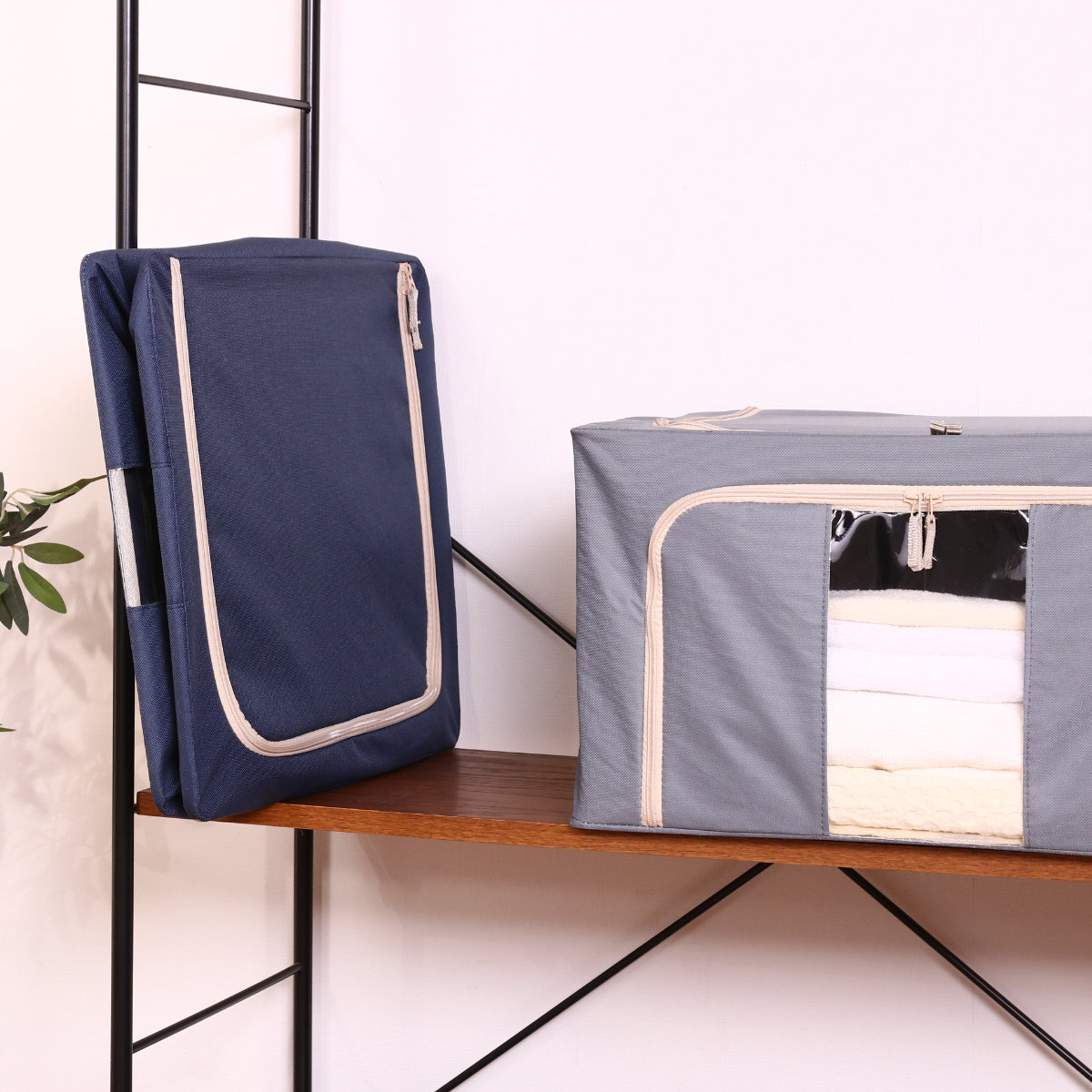 収納ボックス 55L 窓付き 積み重ね収納ボックス 布 幅50×奥行40×高さ28cm ( 前開き 衣類収納 スタッキング 収納ケース 衣類 洋服 収納 クローゼット収納 大容量 押入れ収納 衣装ケース おしゃれ 収納袋 持ち手付き ) 【ブラウン】 ブラウン