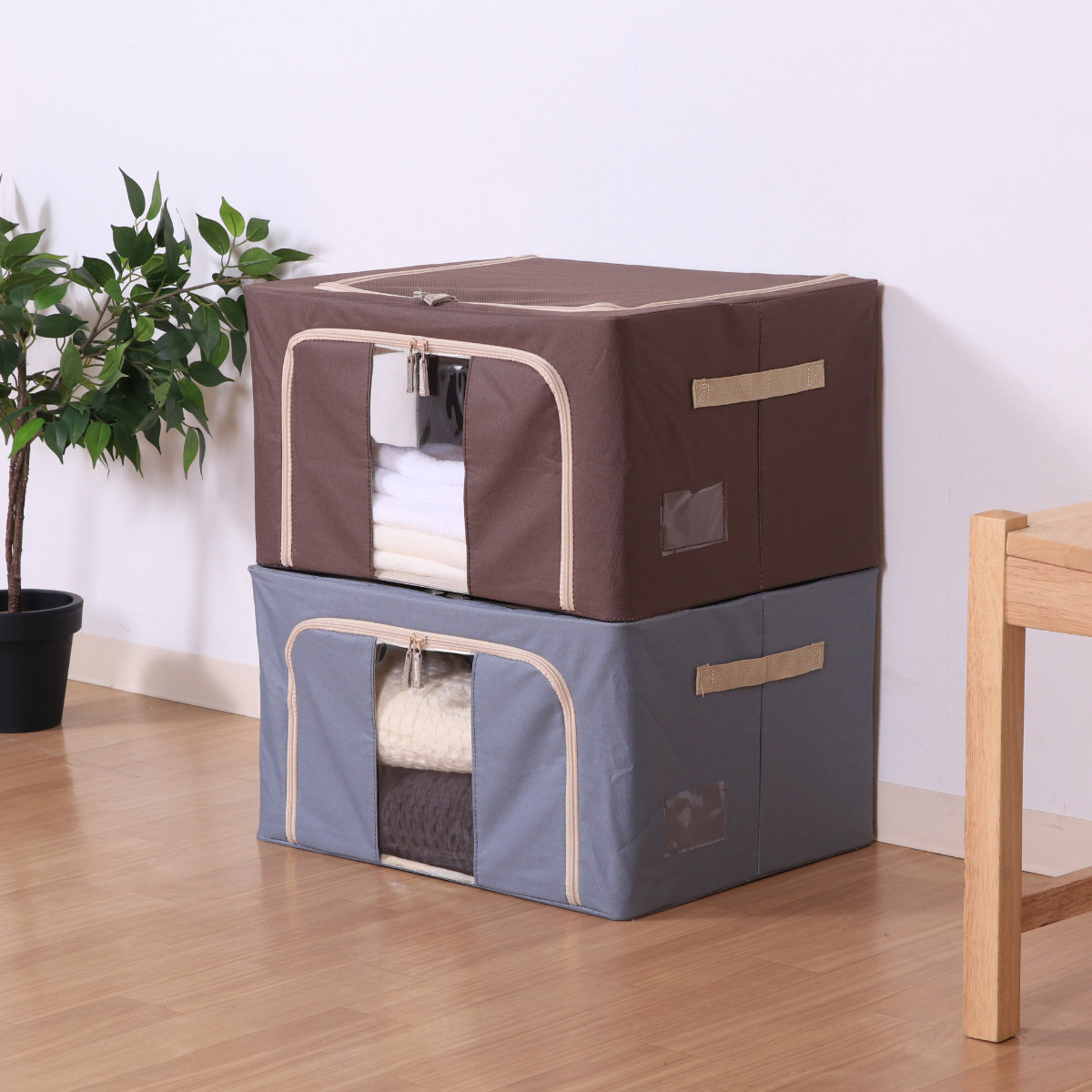 収納ボックス 55L 窓付き 積み重ね収納ボックス 布 幅50×奥行40×高さ28cm ( 前開き 衣類収納 スタッキング 収納ケース 衣類 洋服 収納 クローゼット収納 大容量 押入れ収納 衣装ケース おしゃれ 収納袋 持ち手付き ) 【ブラウン】 ブラウン