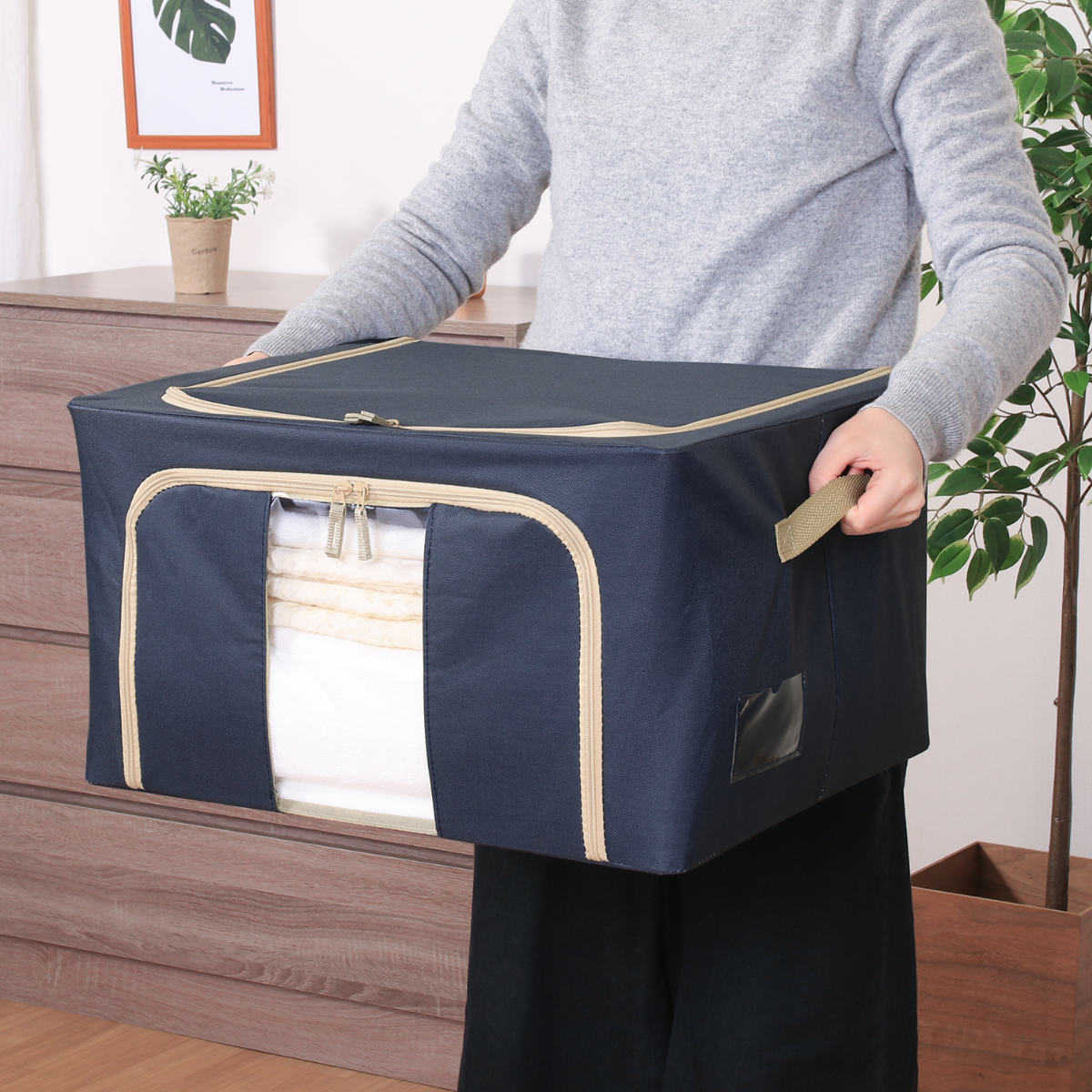 収納ボックス 55L 窓付き 積み重ね収納ボックス 布 幅50×奥行40×高さ28cm ( 前開き 衣類収納 スタッキング 収納ケース 衣類 洋服 収納 クローゼット収納 大容量 押入れ収納 衣装ケース おしゃれ 収納袋 持ち手付き ) 【ブラウン】 ブラウン