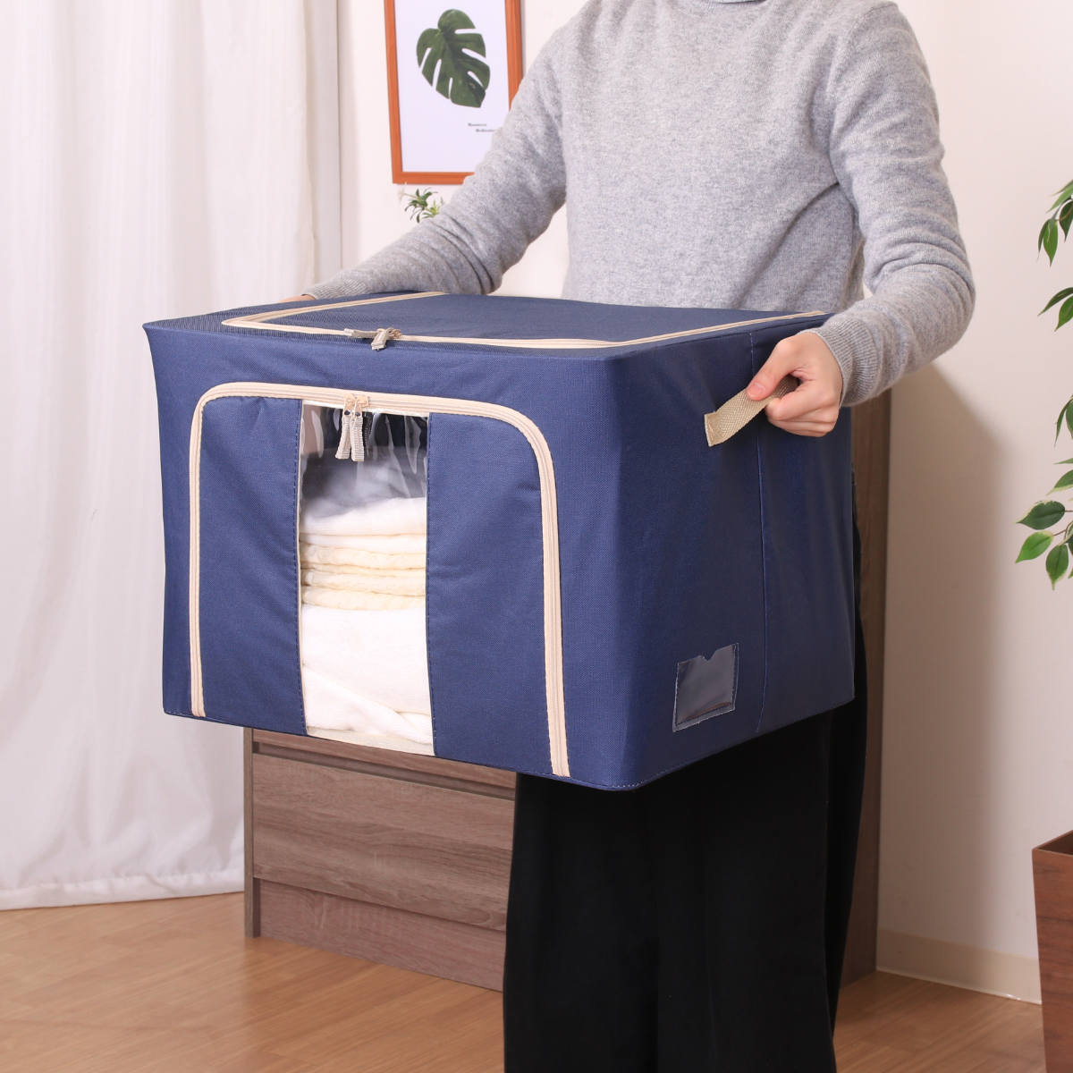 収納ボックス 72L 窓付き 積み重ね収納ボックス 同色3個セット 布 幅50×奥行40×高さ36cm ( 前開き 衣類収納 スタッキング 収納ケース 衣類 洋服 収納 クローゼット収納 大容量 押入れ収納 衣装ケース おしゃれ 収納袋 持ち手付き ) 【ブルー】 ブルー