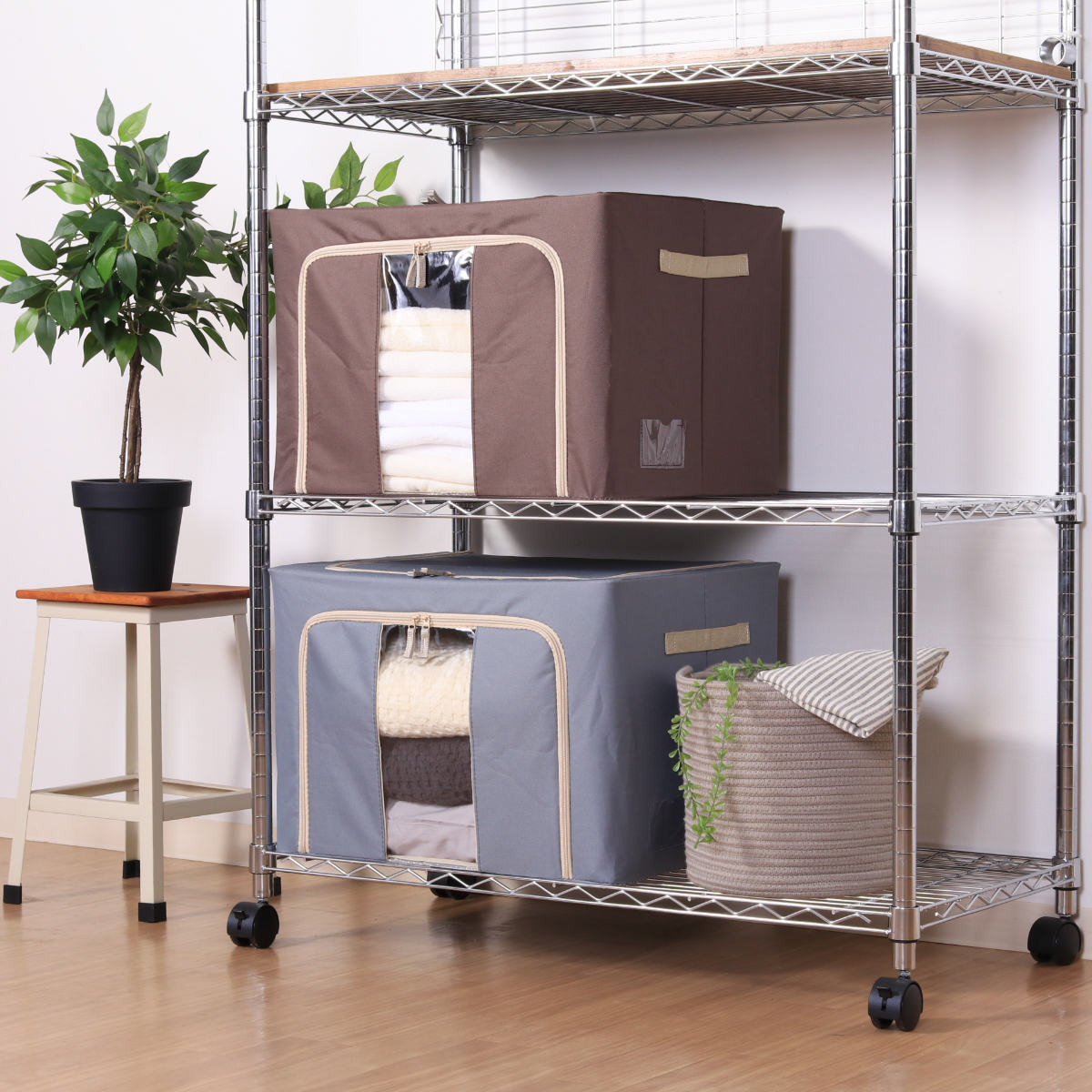 収納ボックス 72L 窓付き 積み重ね収納ボックス 同色3個セット 布 幅50×奥行40×高さ36cm ( 前開き 衣類収納 スタッキング 収納ケース 衣類 洋服 収納 クローゼット収納 大容量 押入れ収納 衣装ケース おしゃれ 収納袋 持ち手付き ) 【ブルー】 ブルー