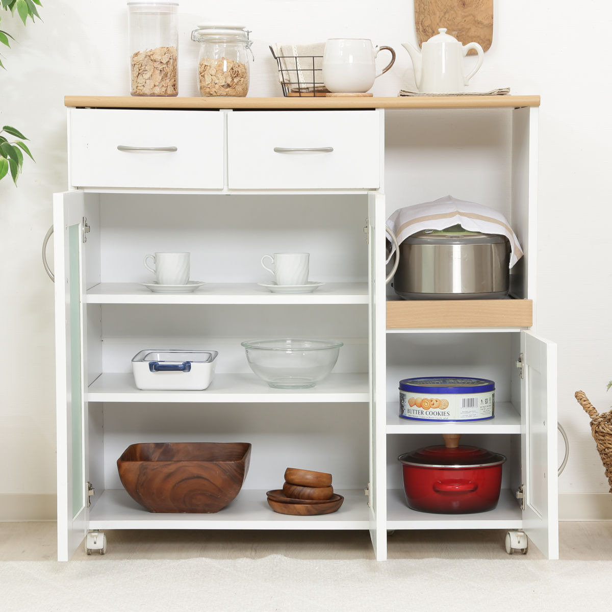 キッチンカウンター 幅90cm フレンチカントリー調 スライド棚 2