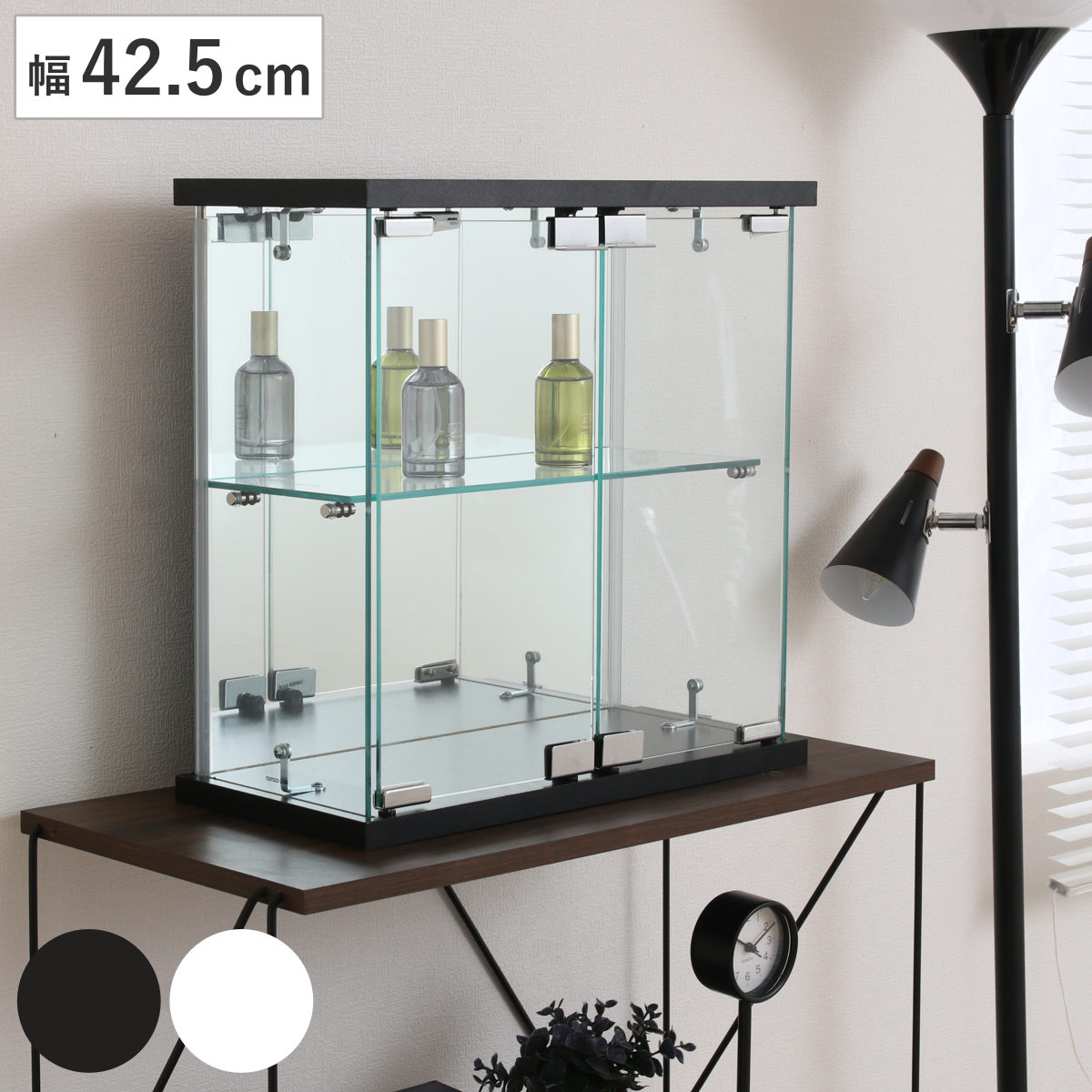 コレクションケース ガラス 幅42.5cm 背面ミラー ( 卓上 コレクション ラック 棚 ディスプレイ ガラス製 全面ガラス 棚上 収納 展示 フィギュアケース 見せる収納 ホワイト ブラック 白 黒 ) 【ブラック】