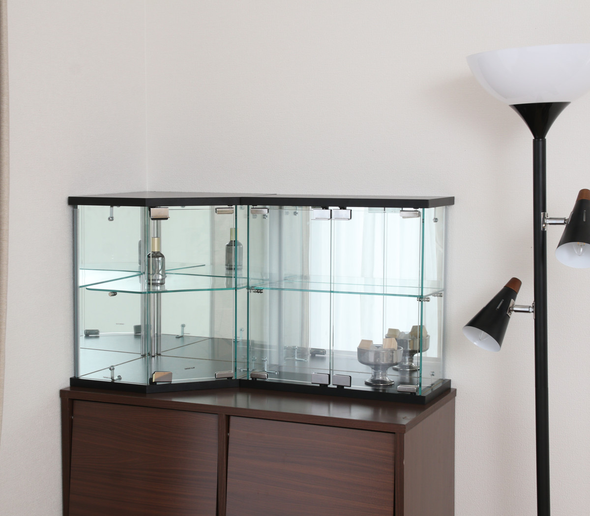 コレクションケース ガラス 幅42.5cm 背面ミラー ( 卓上 コレクション ラック 棚 ディスプレイ ガラス製 全面ガラス 棚上 収納 展示 フィギュアケース 見せる収納 ホワイト ブラック 白 黒 ) 【ブラック】 ブラック