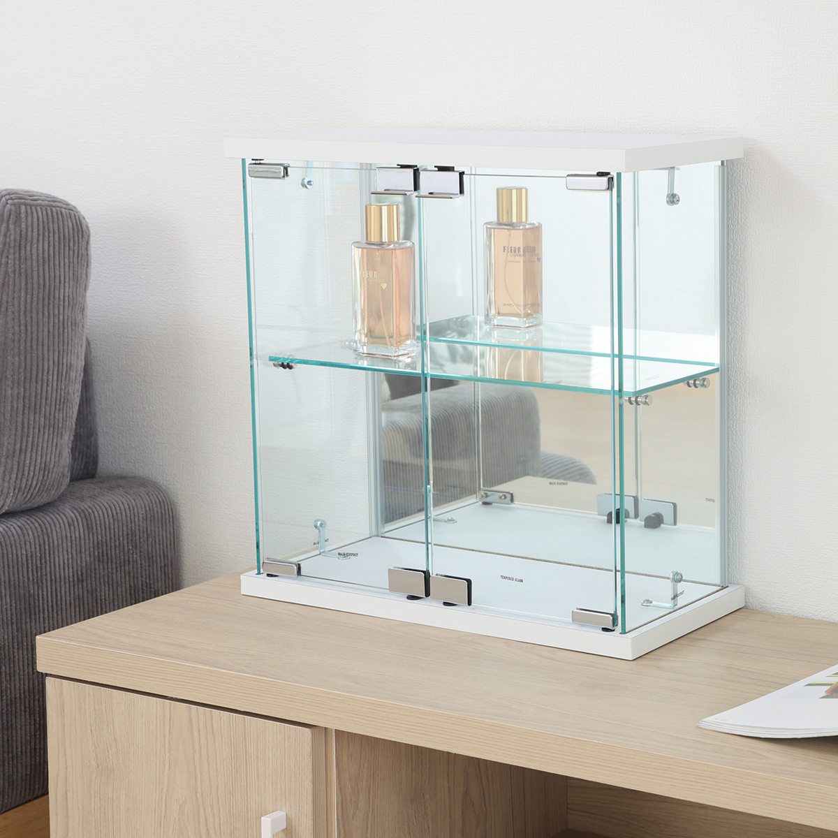 コレクションケース ガラス 幅42.5cm 背面ミラー ( 卓上 コレクション ラック 棚 ディスプレイ ガラス製 全面ガラス 棚上 収納 展示 フィギュアケース 見せる収納 ホワイト ブラック 白 黒 ) 【ブラック】 ブラック